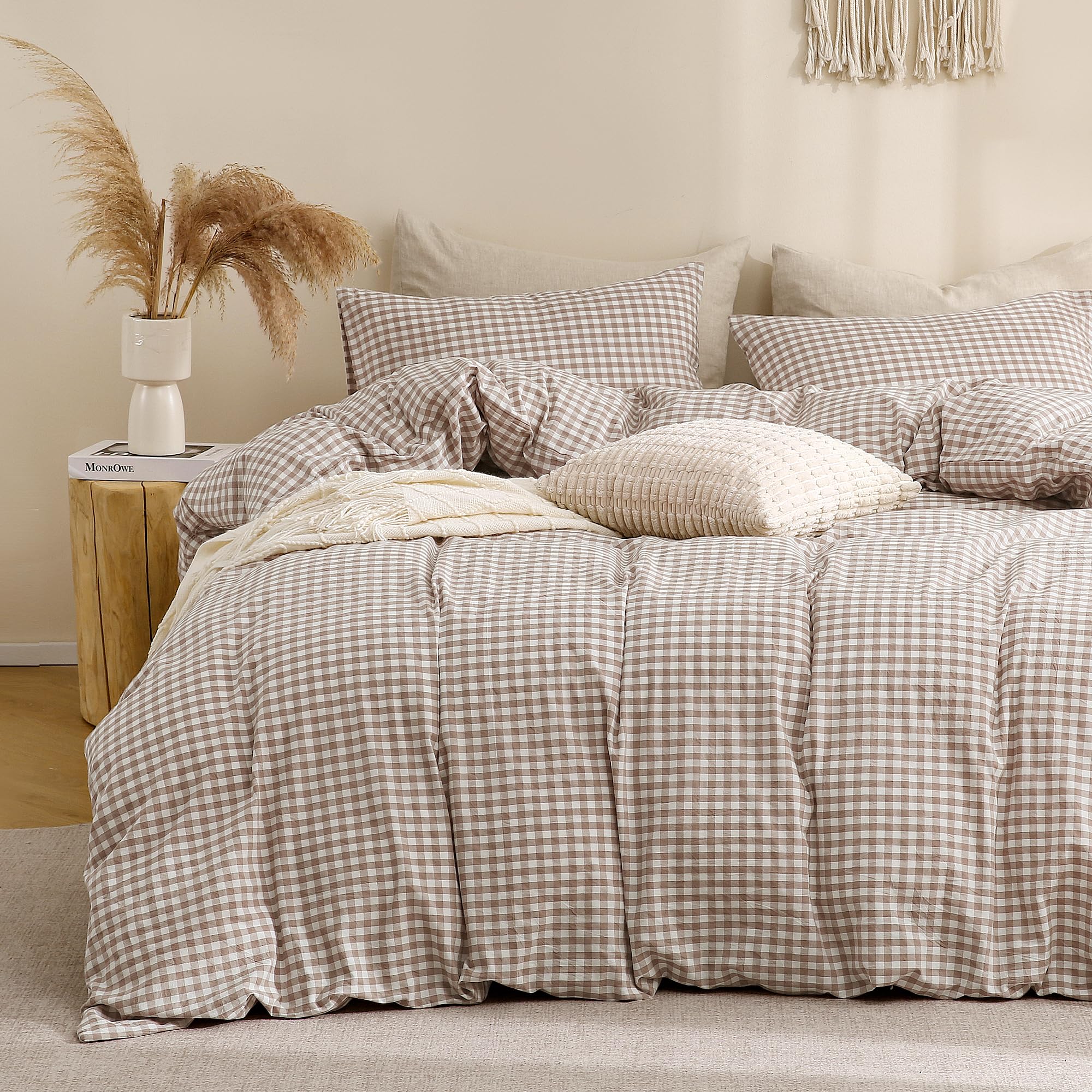 TOCOMOA Tan Gingham Duvet Cover Bedding Set 100% Washed Cotton Like Linen Feel Super Soft Comfy 3 Pi
