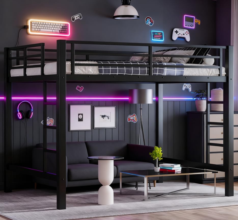 Bellemave Full Loft Bed with 2 Ladders and Guardrails, Metal Loft BedFrame for Adults, Kids, Teens, 