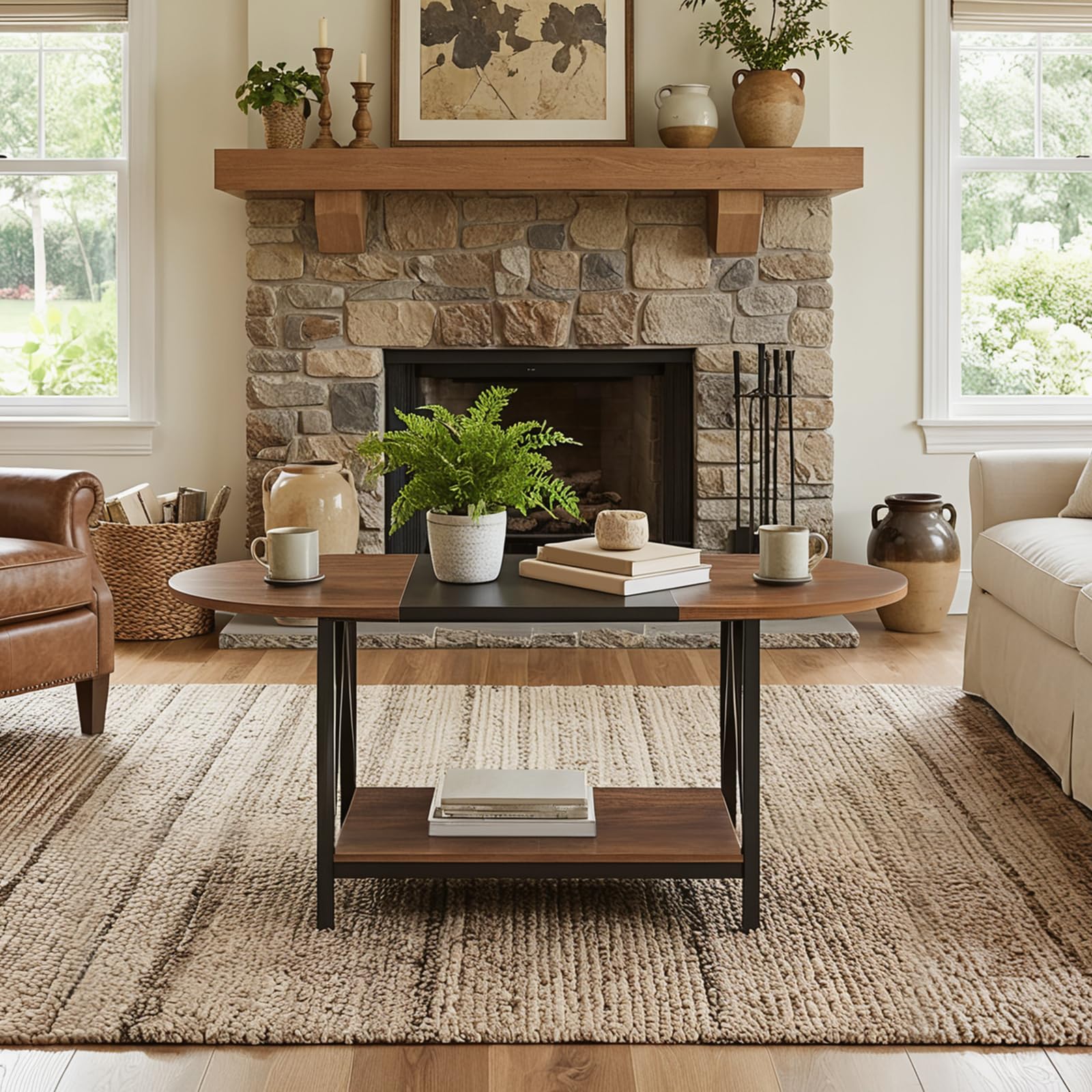HOOBRO Coffee Table for Living Room, 2-Tier Oval Coffee Table, Industrail Centre Table with Open Shelf, for Small Space,