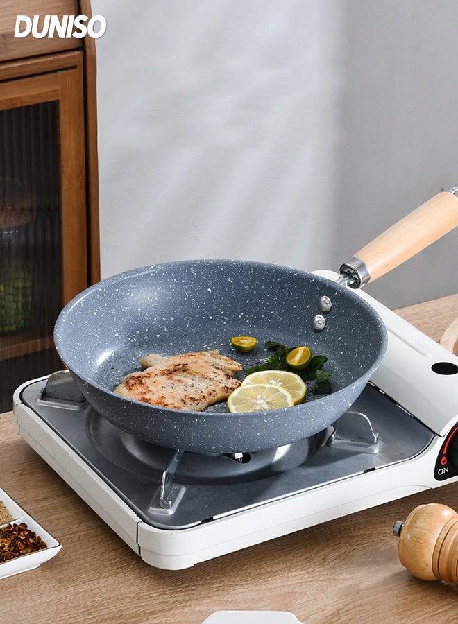 DUNISO Non-stick cookware with  Heat-Resistant wooden handle, Home Frying Pan with Durable Marble Coating ,Induction Coo