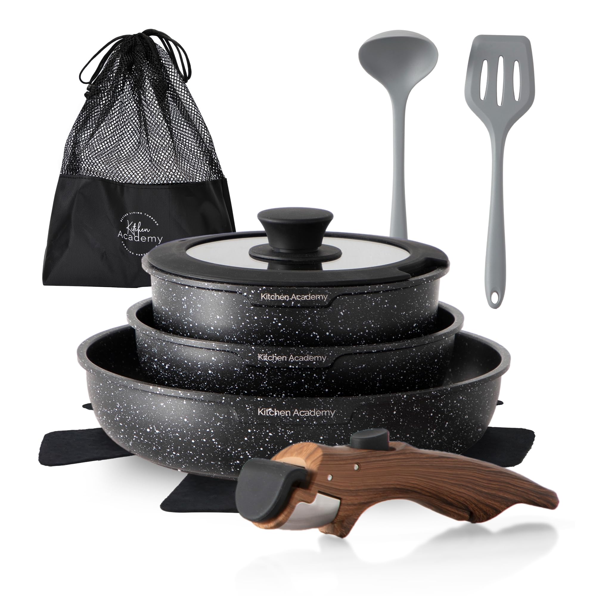 Kitchen Academy Non Stick Cookware Set, 10 Piece Granite-Coated Induction Pots and Pans Set with Detachable Handle, Stac