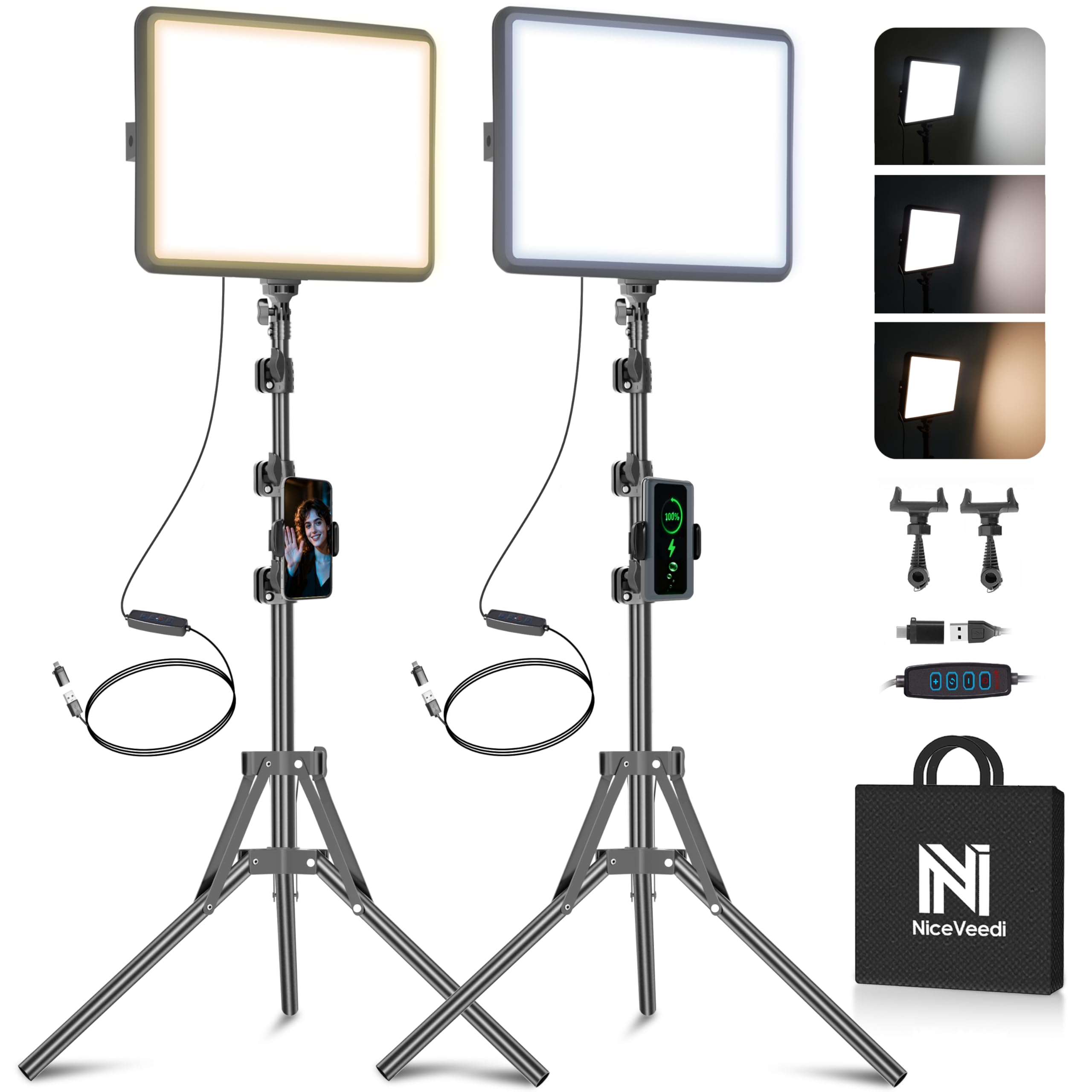 2-Pack LED Video Light Kit, NiceVeedi Studio Light, 2800-6500K Dimmable Photography Lighting Kit with Tripod Stand&Phone