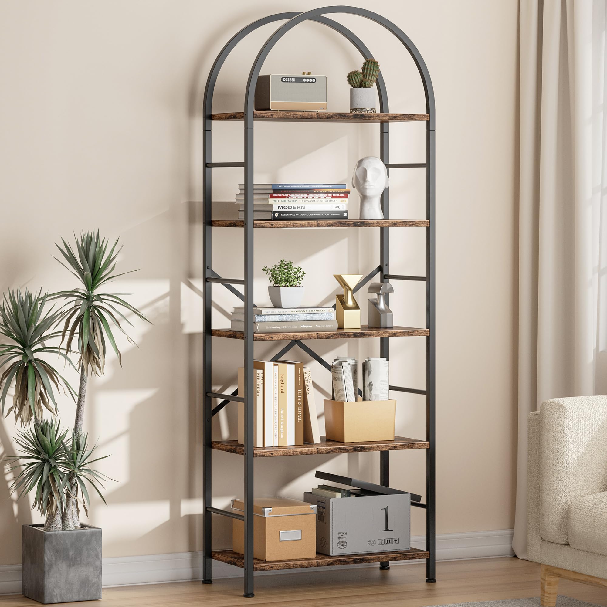 Shintenchi Bookshelf, Arched Bookshelf 5 Tier Bookcase, Tall Shelf for CDs/Books, Home Office Shelf Storage Organizer, M