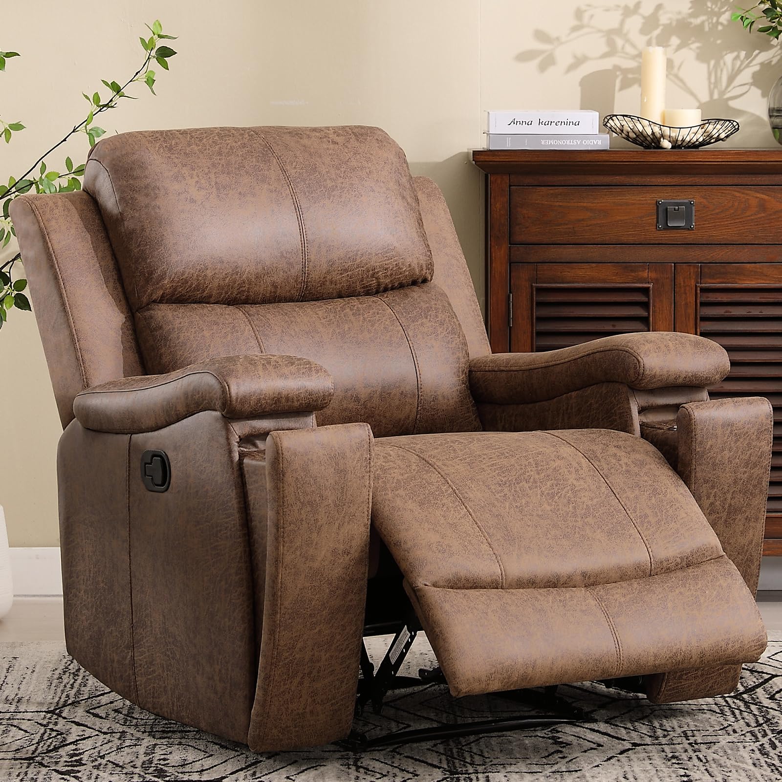 CANMOV Leather Recliner Chair, Classic and Traditional Manual Recliner Chair with Overstuffed Arms and Back, Manual Sing