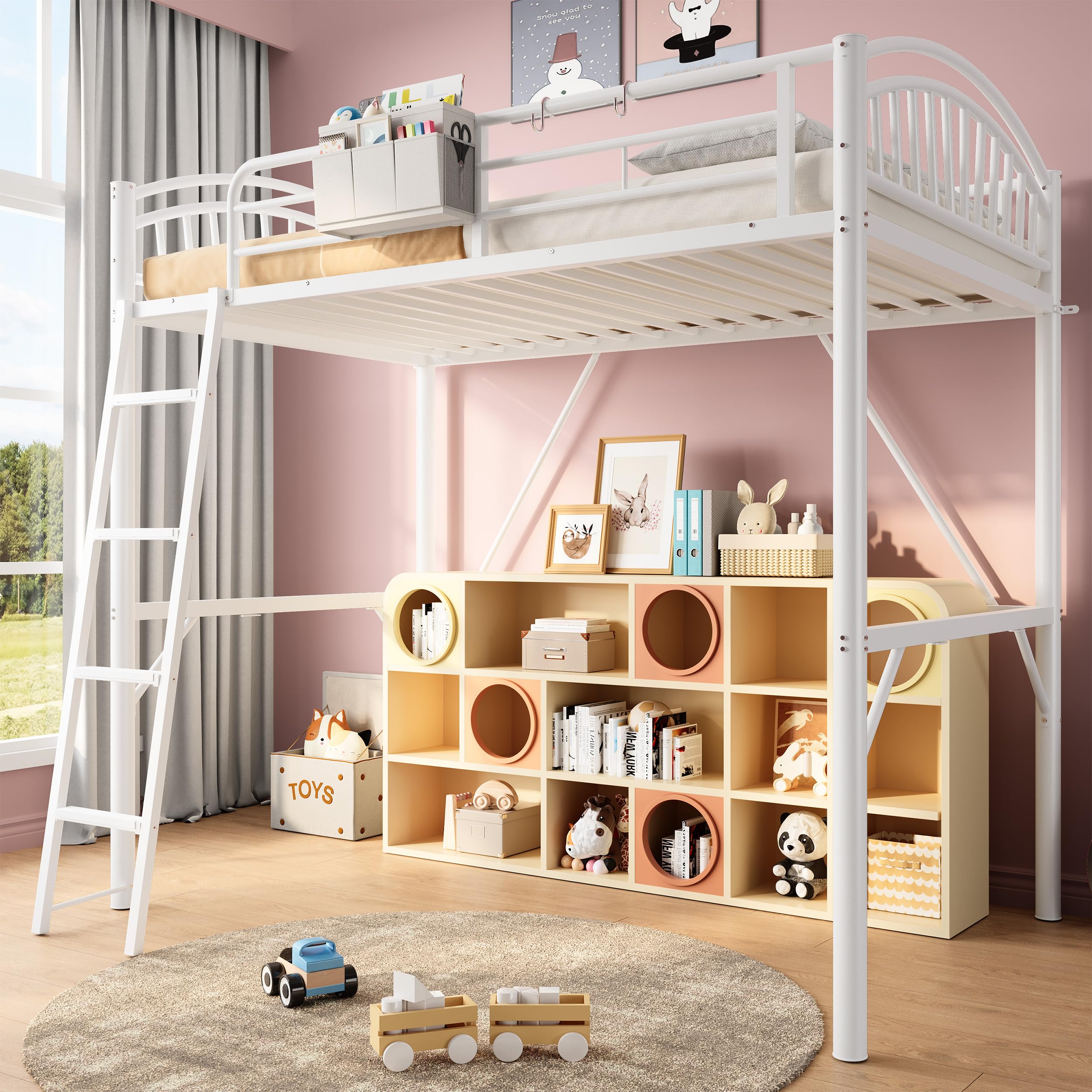 Decofy Loft Bed White Twin with Storage Bag, Metal Twin Size Loft Beds for Kids with Convertible Ladder, Safety Guard Ra