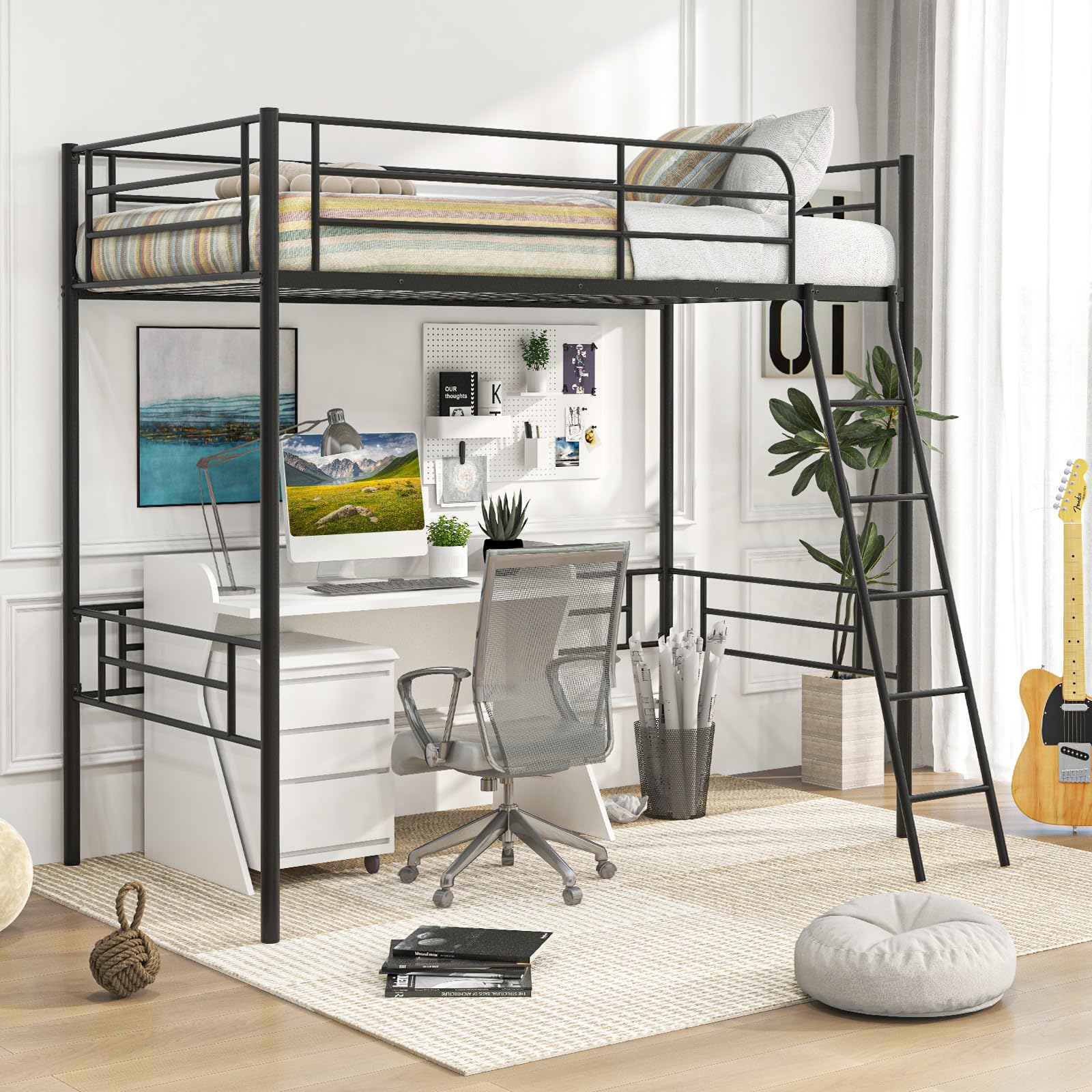 Giantex Twin Size Loft Bed, Metal Loft Bed Frame with Ladder & Safety Guardrail, Space-Saving with A