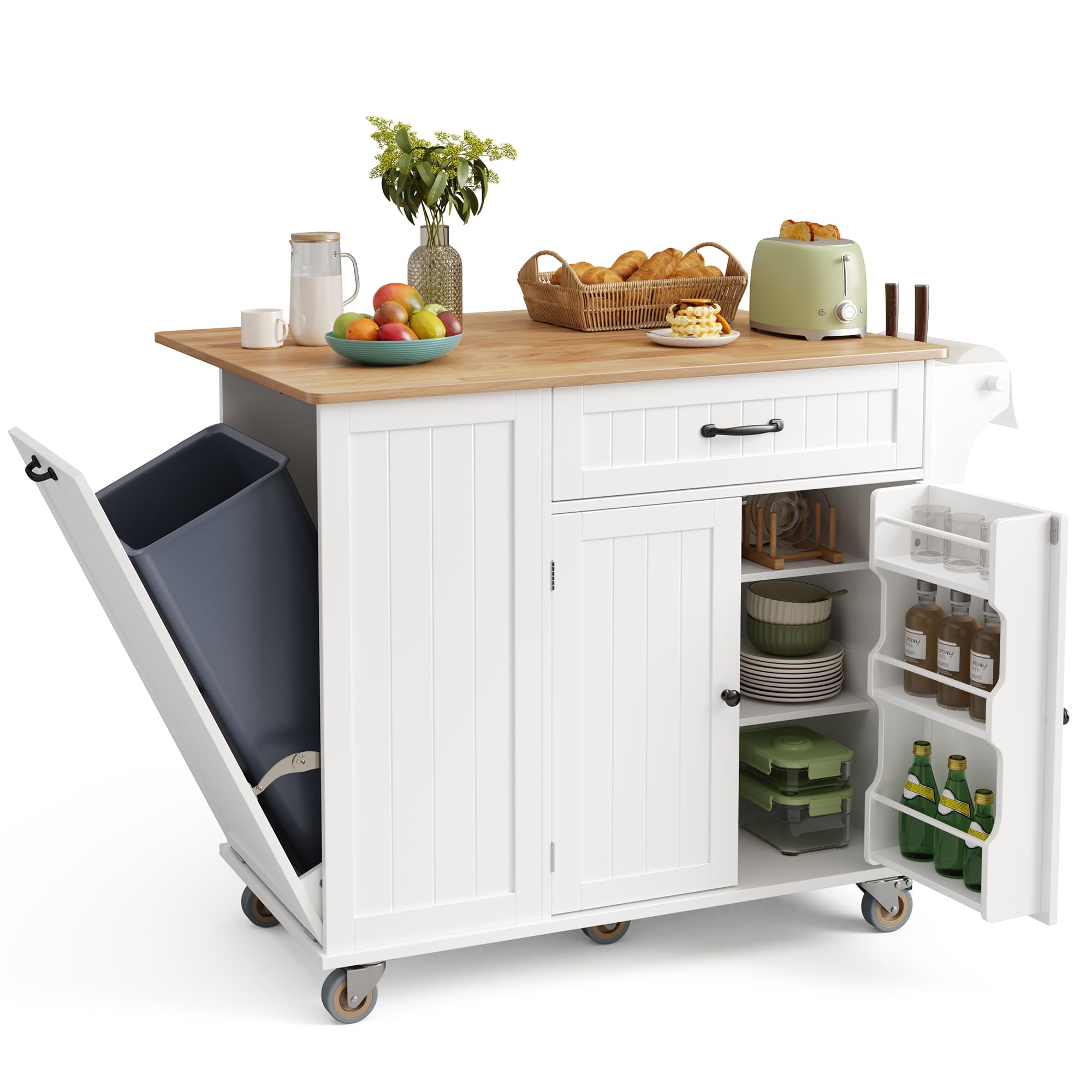 Ahomly Kitchen Island with Storage, 44.49" Kitchen Island with Trash Can Storage, Drop Leaf Rubberwo