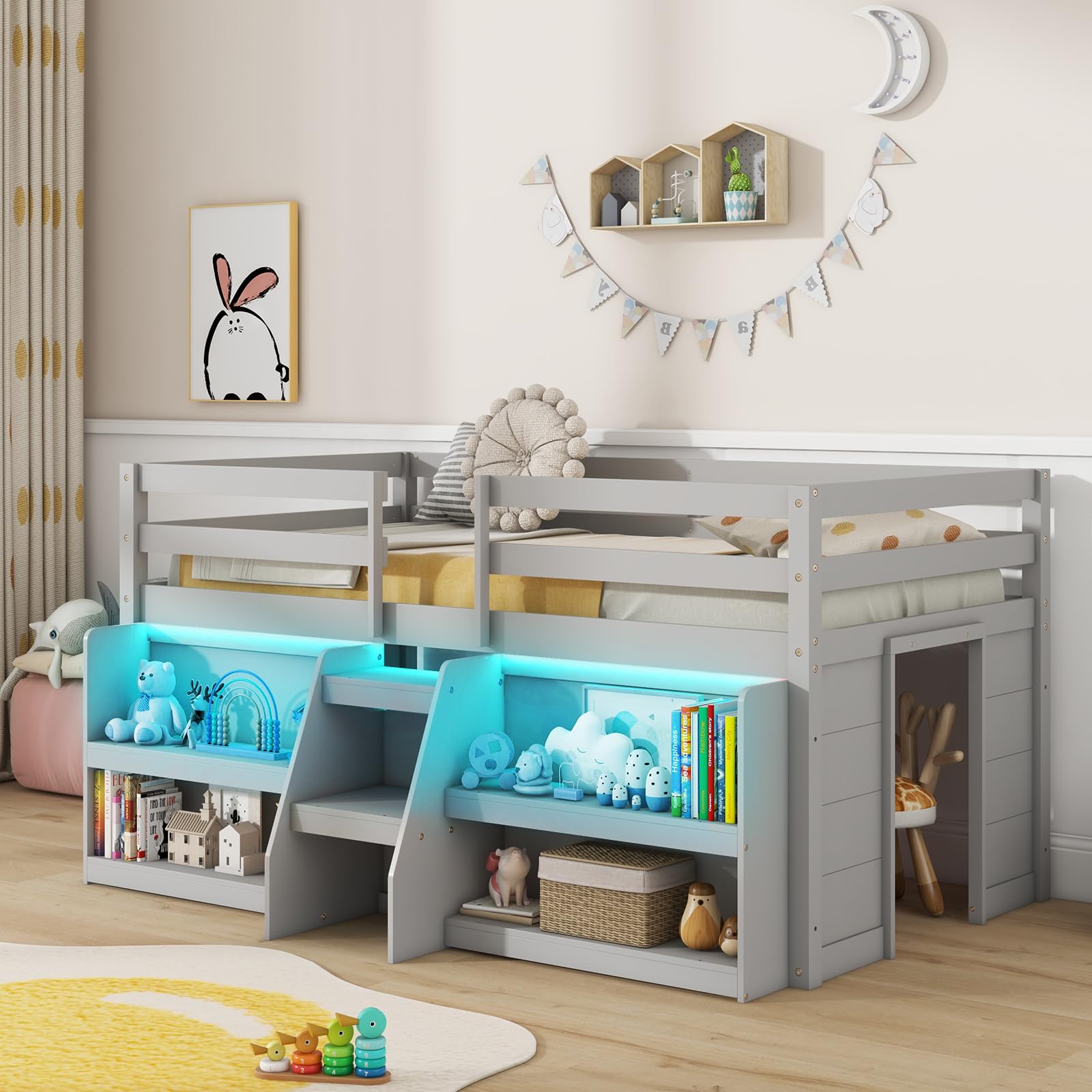 Giantex Twin Loft Bed with LED Lights, Wooden Loft Bed Twin Size with Stairs & Safety Guardrail, Low