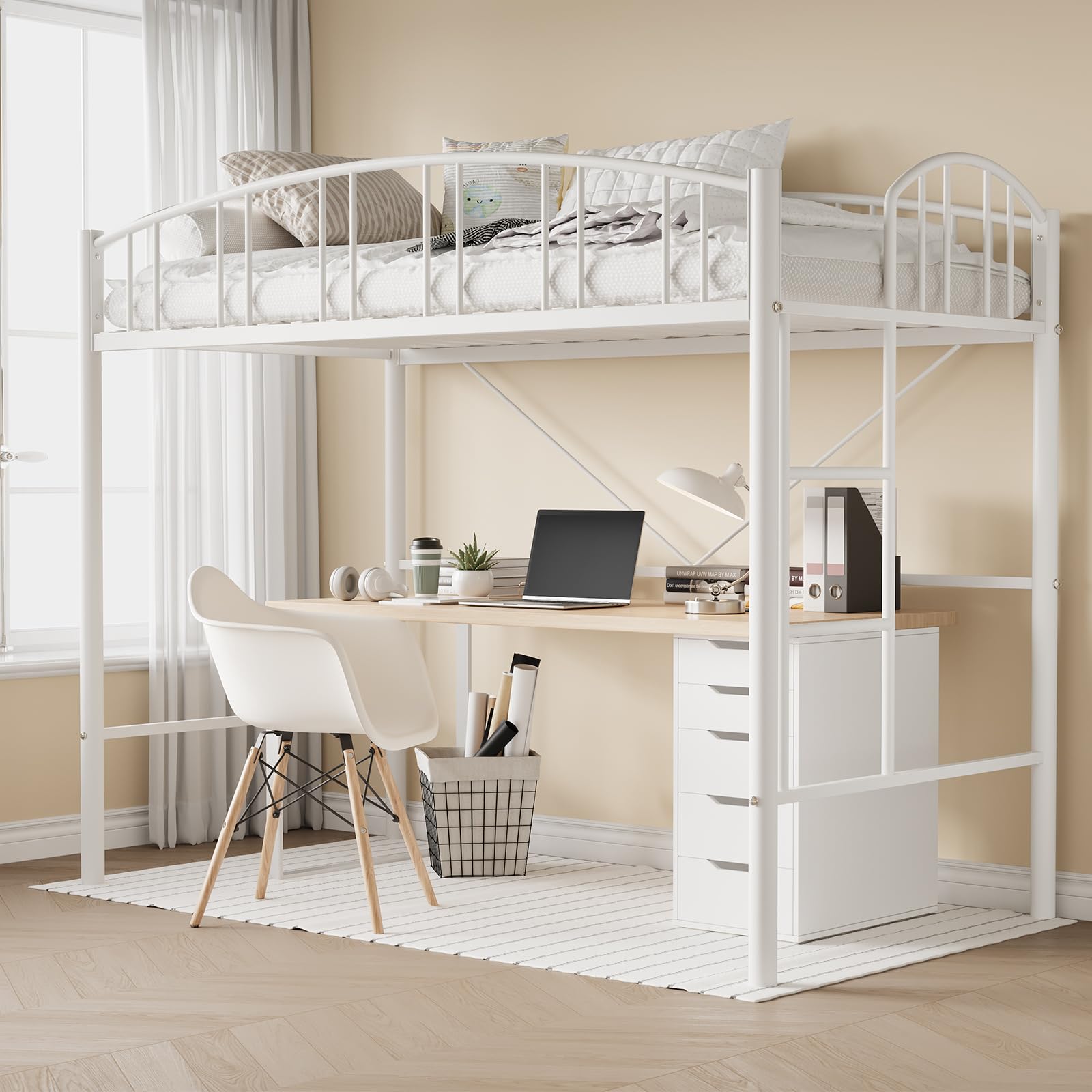 IDEALHOUSE Loft Bed Twin Size with Ladder and High-Arched Guardrail, Sturdy Metal Slats, Space-Savin