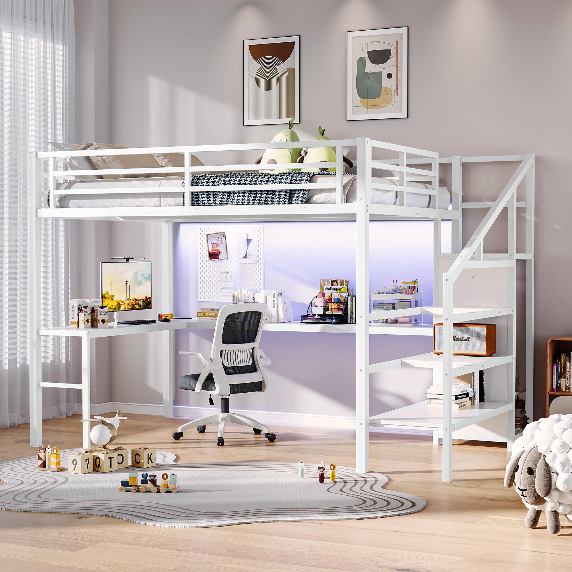 Queen Size Loft Bed with Desk & Storage Stairs, Heavy Duty Metal Loft Beds with Wardrobe, LED Light,