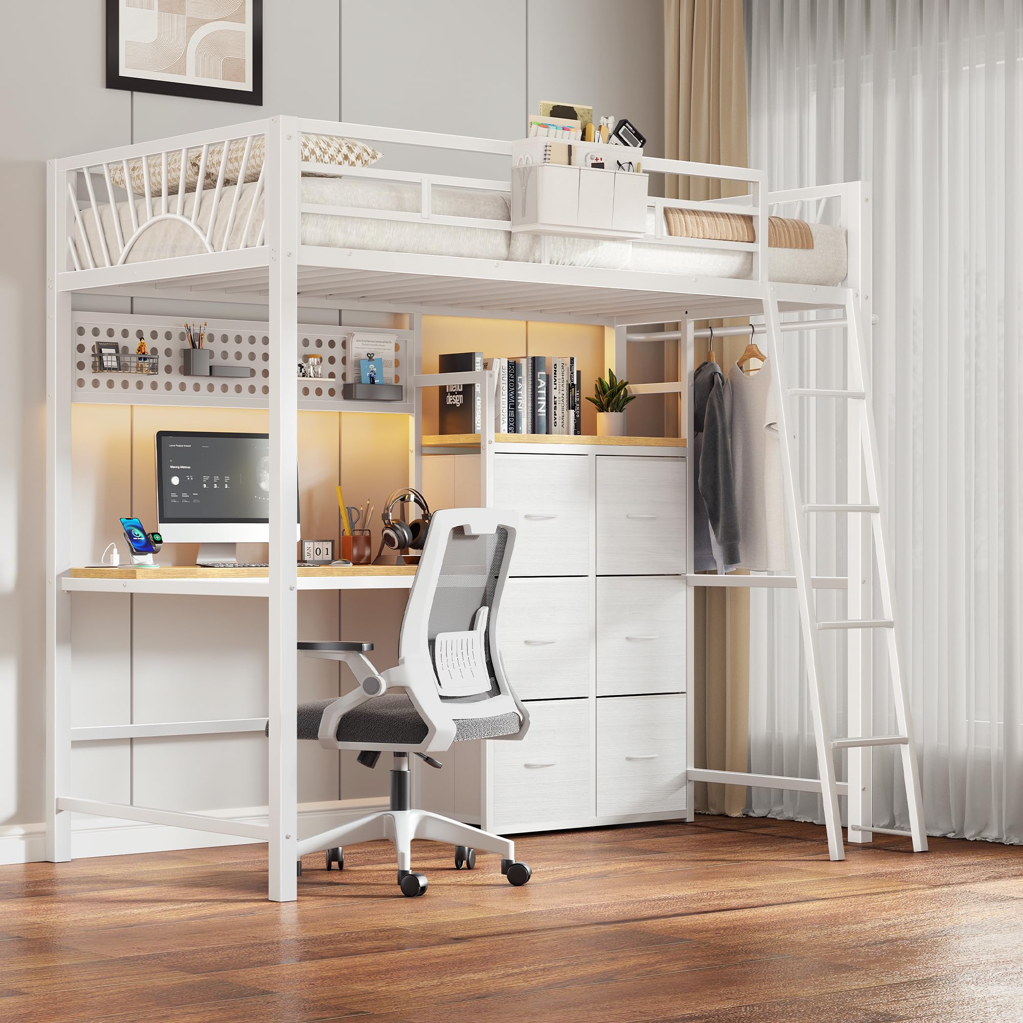 Decofy White Twin Loft Bed with Desk and 6 Storage Drawers, Metal Twin Size Loft Beds with Charging 