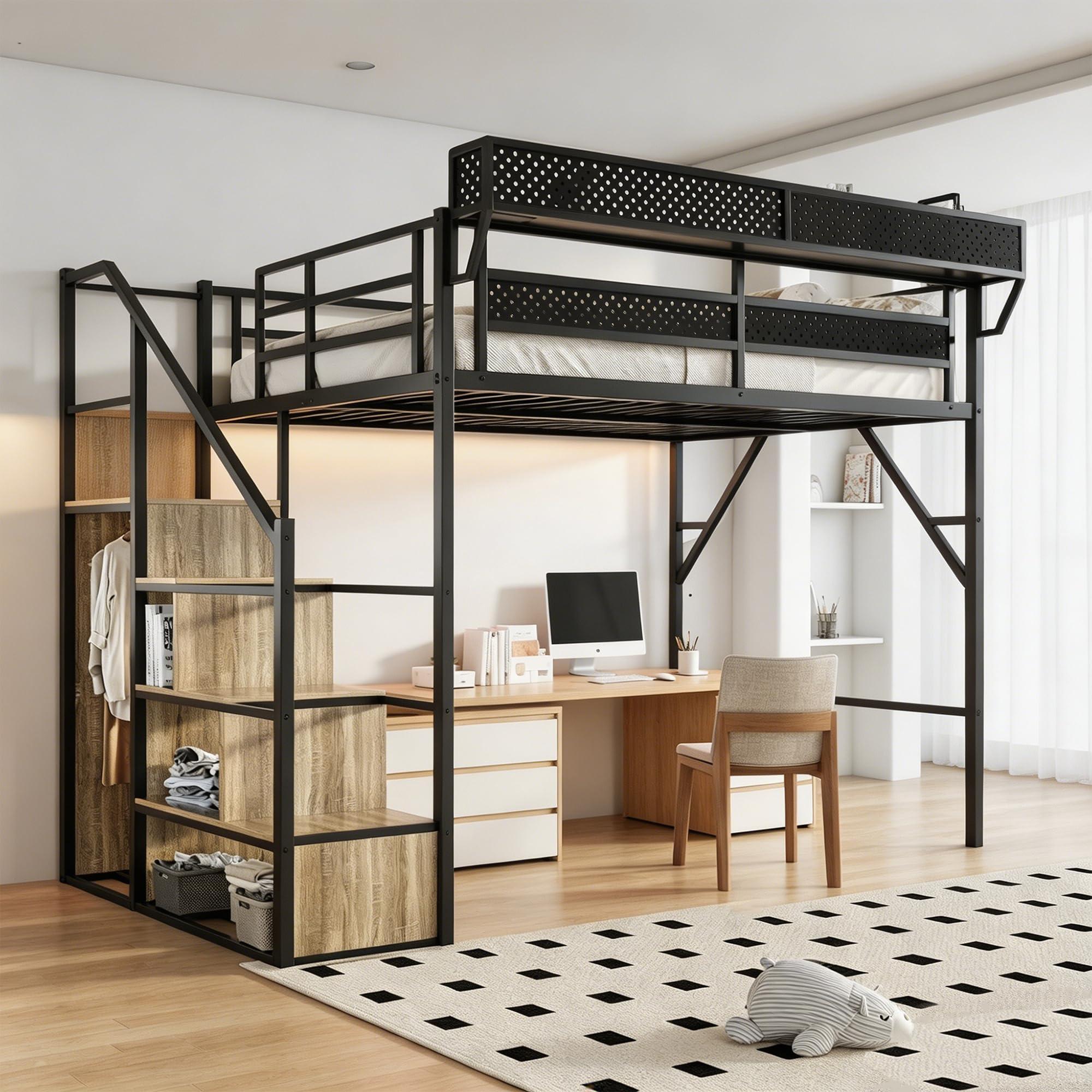 Queen Size Metal Loft Bed with Reversible Stairs and LED & USB Port | Storage Shelf, Reversible Stor
