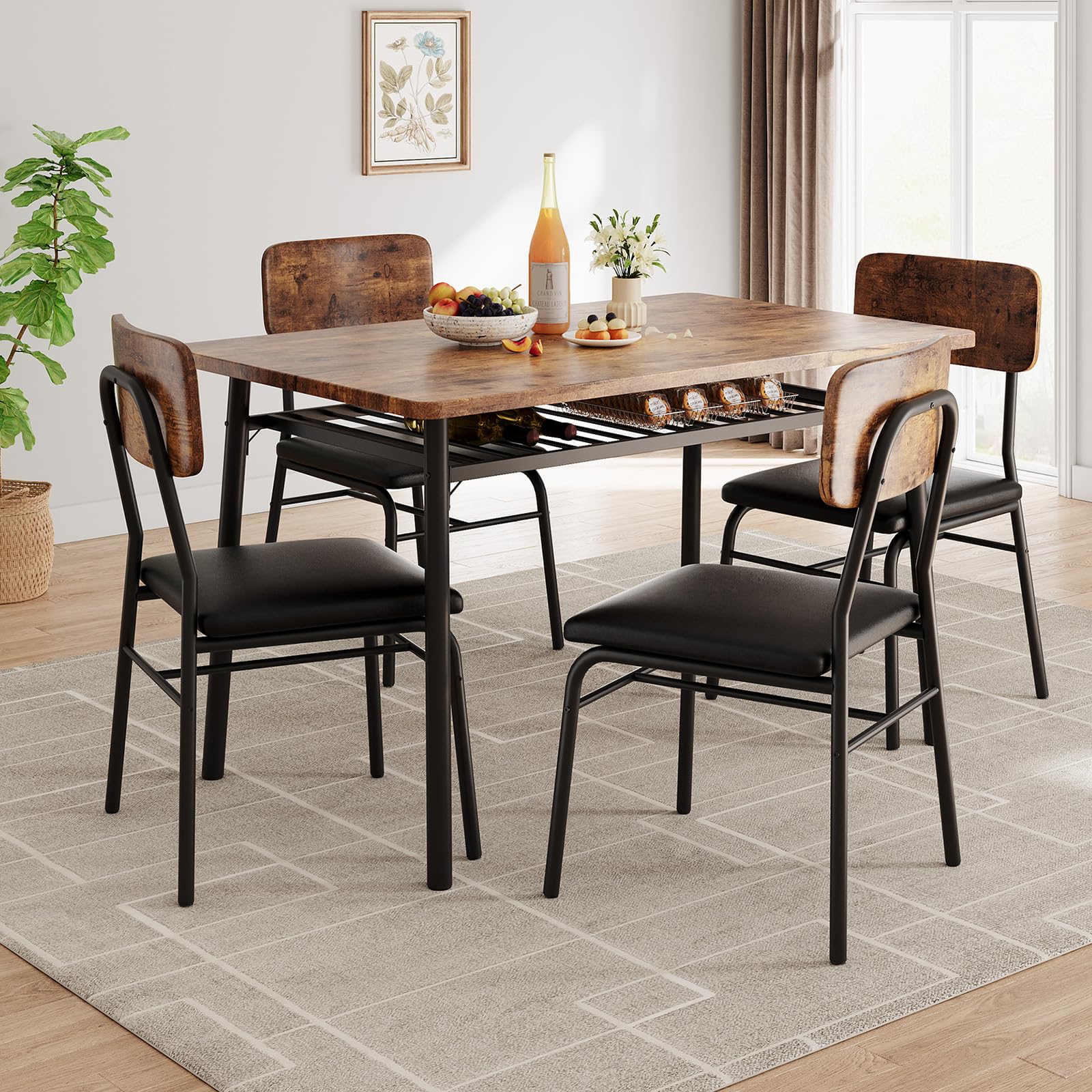 GarveeHome Dining Table Set for 4 with Storage Rack, 5-Piece Kitchen Table and Upholstered Chairs of