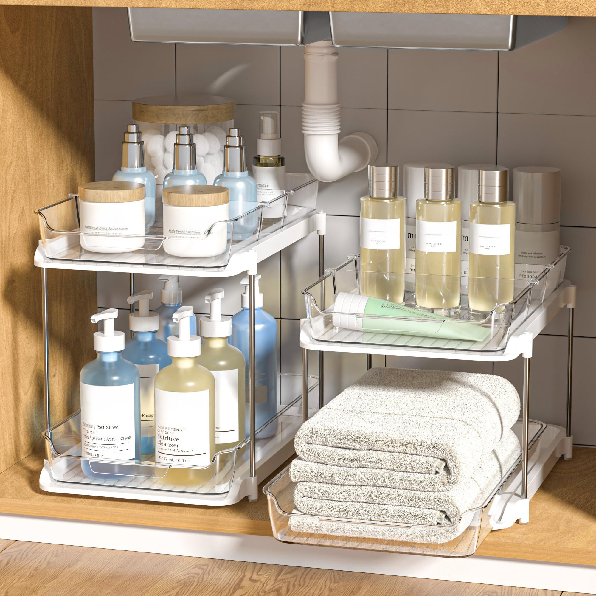 Delamu 2-Tier Multi-Purpose Bathroom Under Sink Organizers and Storage, Stackable Kitchen Pantry Organization, Pull Out 