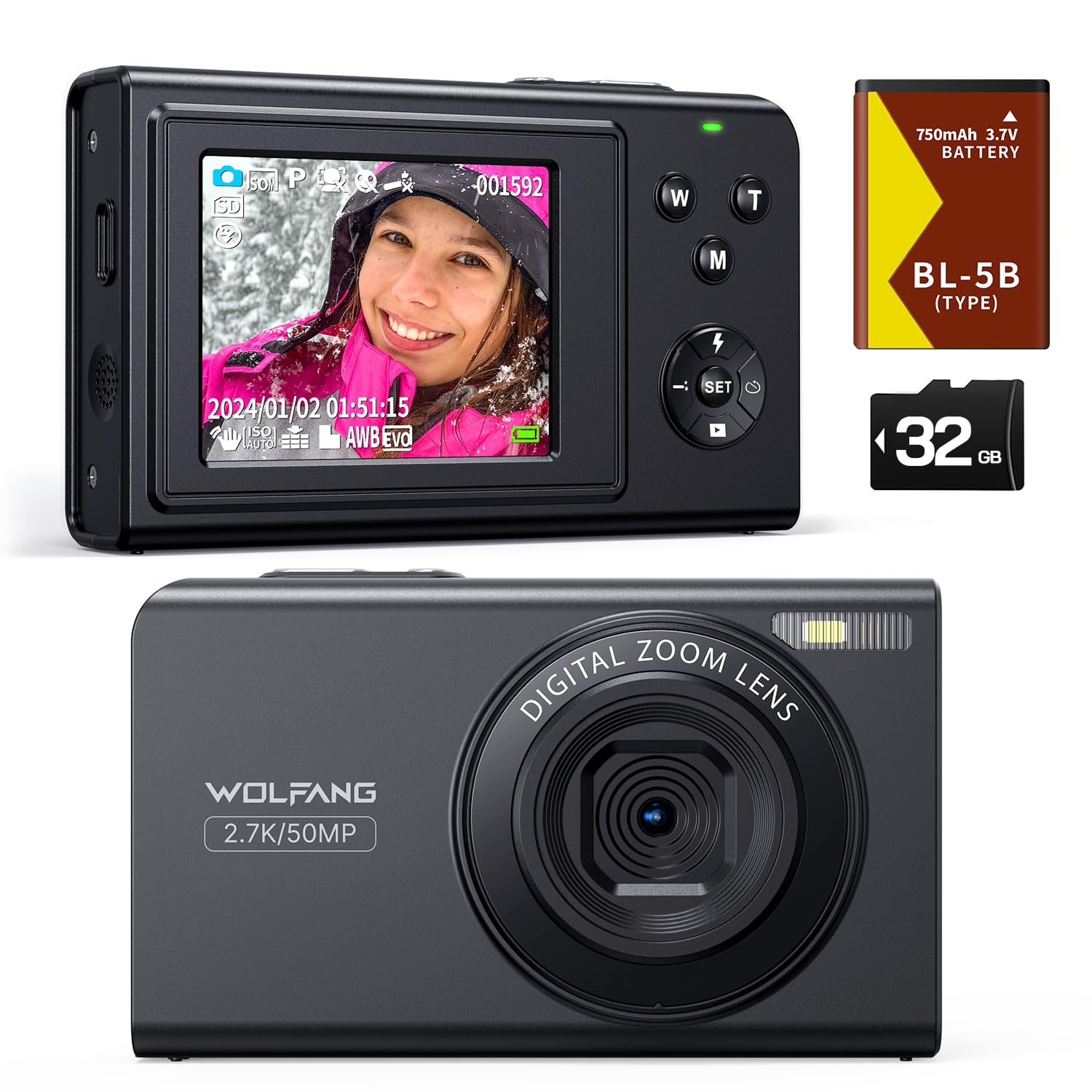 WOLFANG Digital Camera, 2.7K Kids Camera for Photography, 50MP Compact Vlogging, 16X Digital Zoom, Auto Focus Point and 
