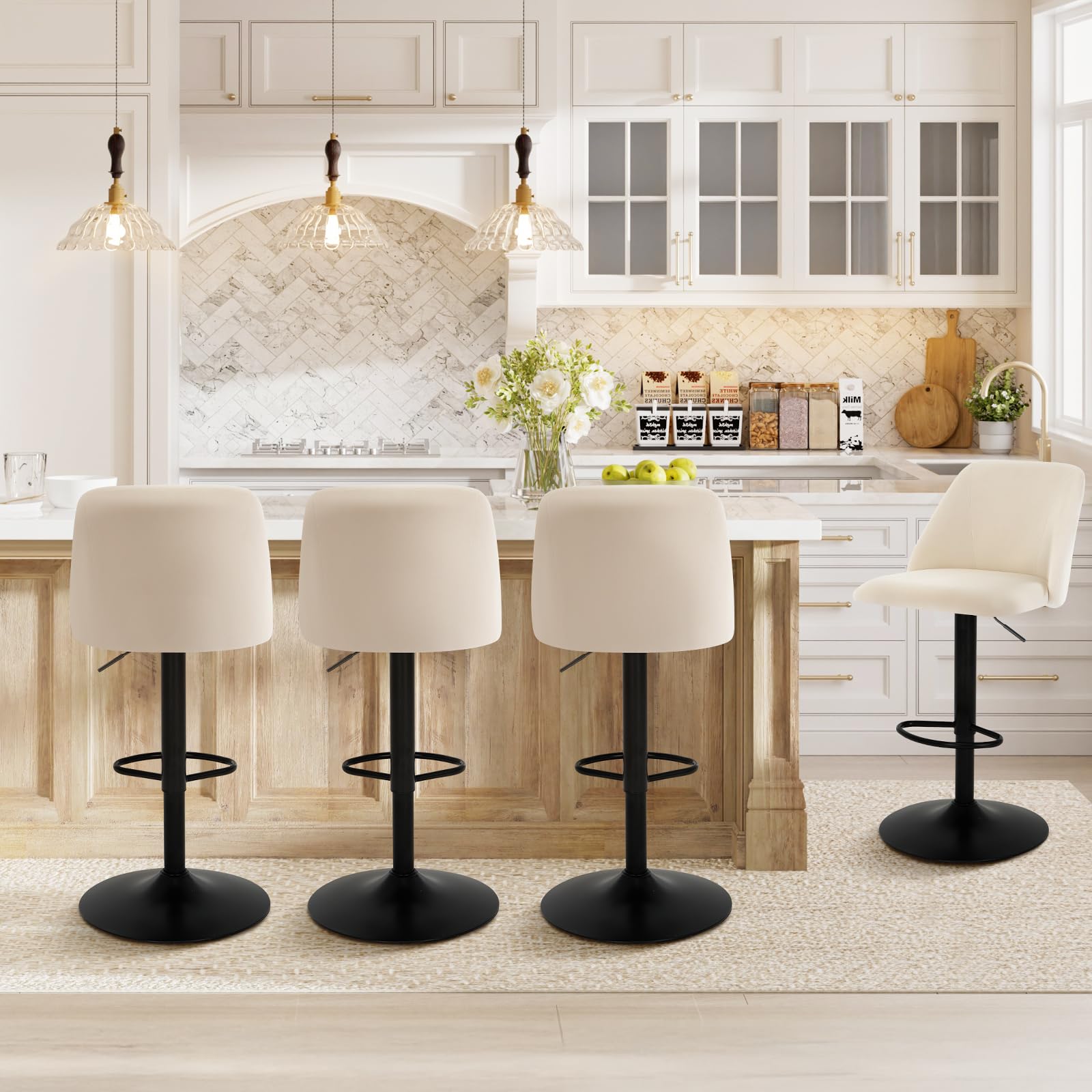 COLAMY Bar Stools Set of 4, Modern Swivel Bar Chairs, Adjustable Upholstered Barstools Counter Height with Full Backrest