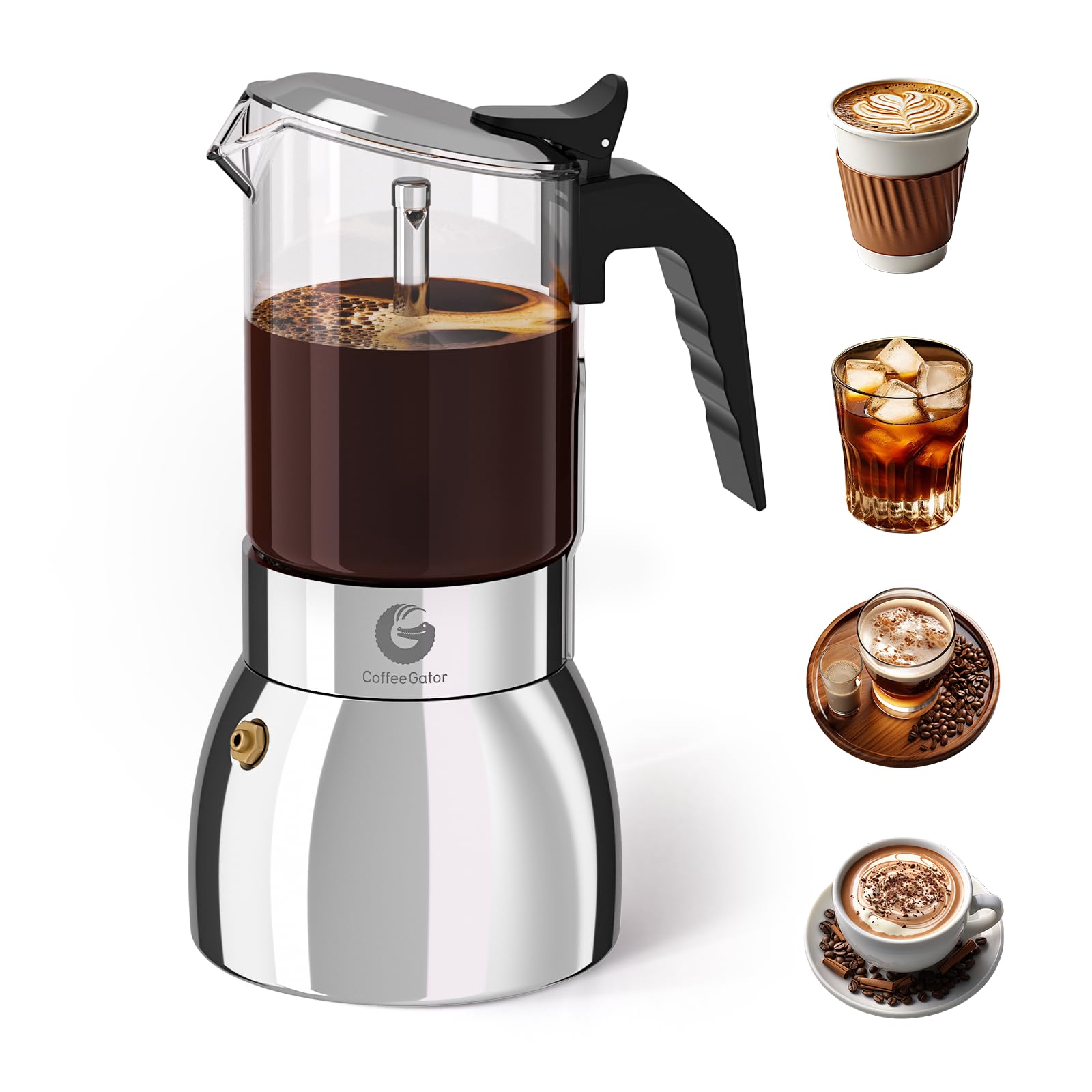 Coffee Gator 9 Cup Moka Pot, 450ml Stovetop Espresso Maker for Italian Coffee, Transparent Glass & Stainless Steel Desig