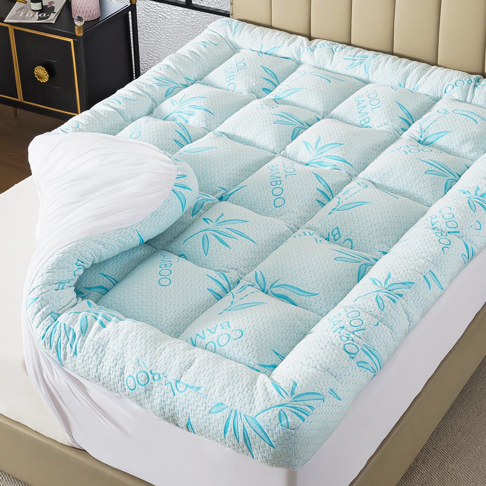 WhatsBedding 5 Inch Queen Mattress Topper Breathable Bamboo Viscose Air Layer,Memory Foam Mattress Topper Queen Size Blu