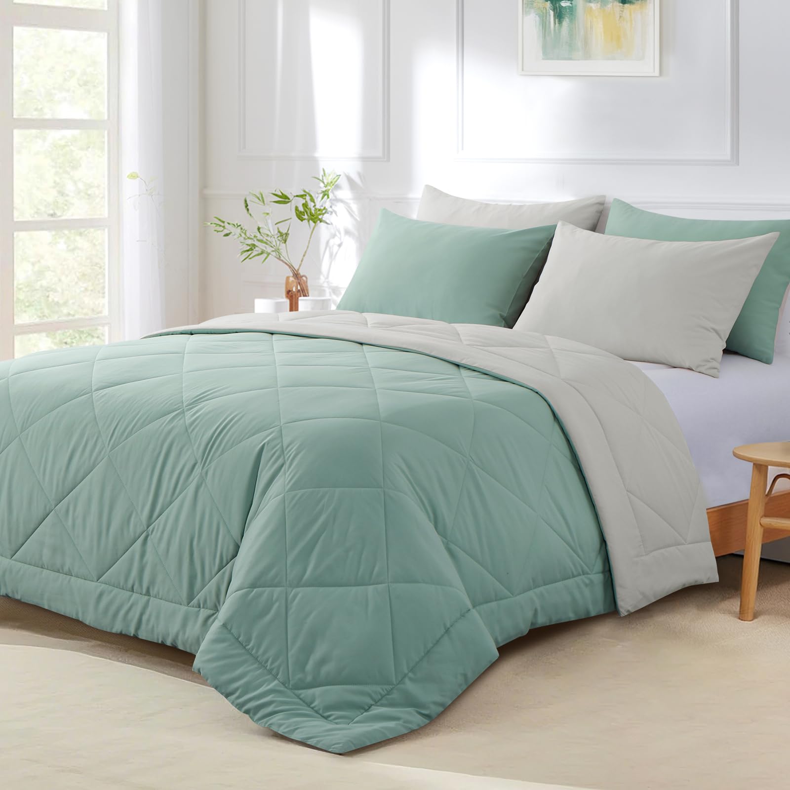 Aisbo Coverless Duvet Double 4.5 Tog - 200 x 200cm, Sage Green Summer Duvet, Cosy and Lightweight Qu