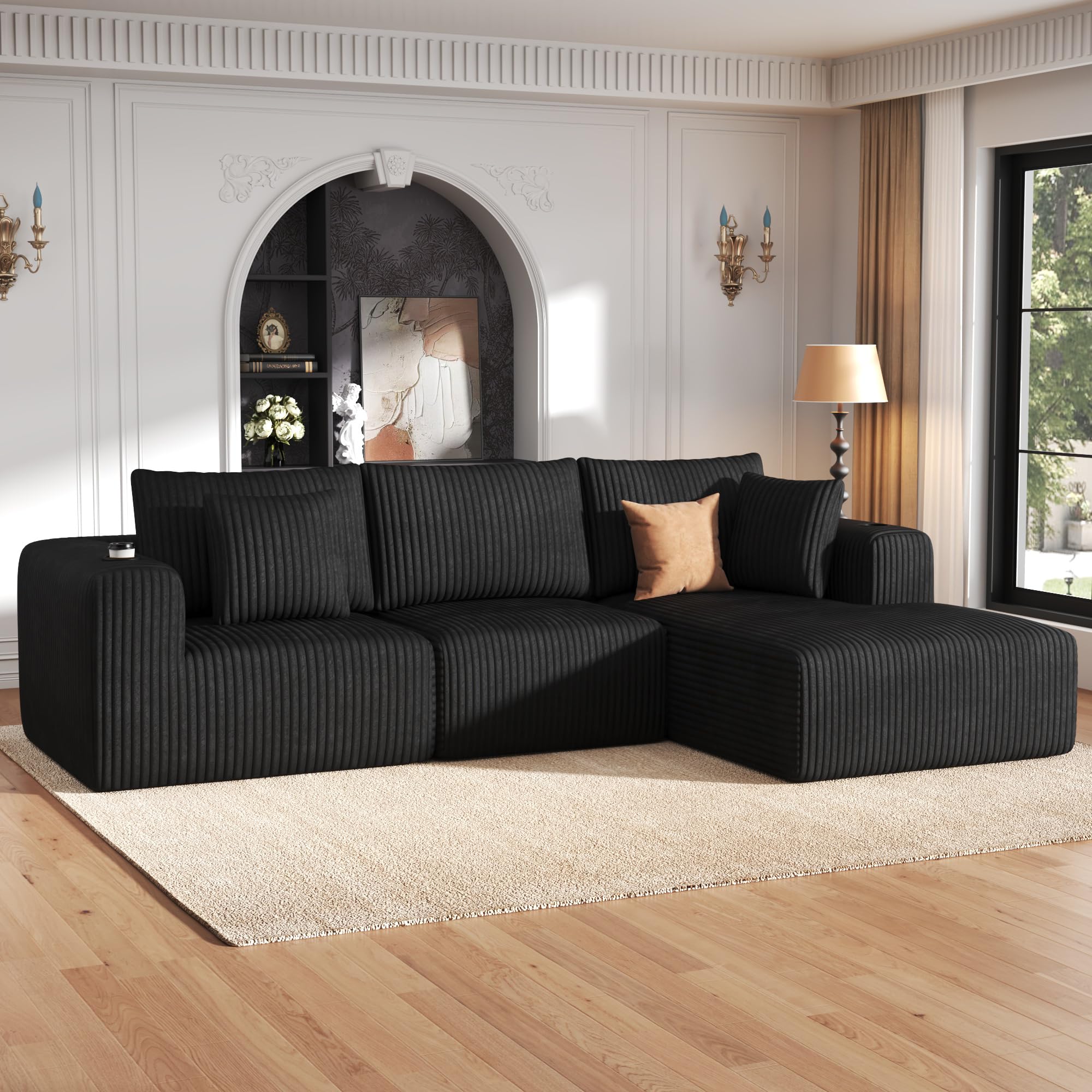 DURASPACE 275cm L-Shaped Boneless Modular Sectional Sofa, 3-4 Seater Corduroy Cloud Couch with Memory Foam& Cup Holder f