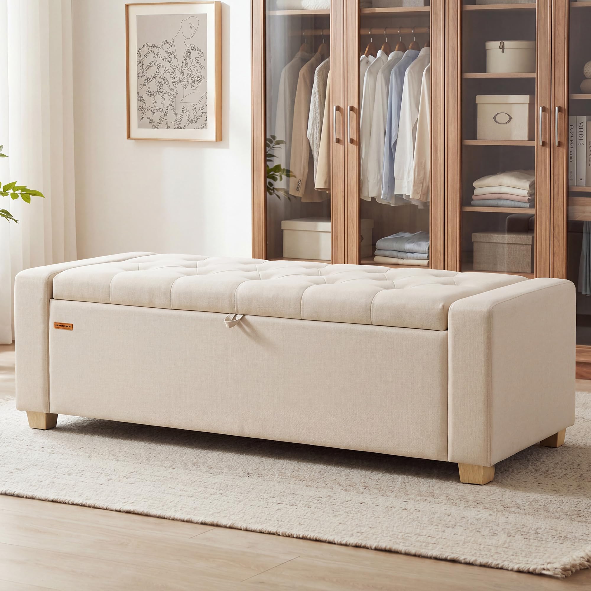 SONGMICS Storage Ottoman, Storage Chest Bench with Legs, End of Bed Bench with Safety Hinges, Pull Tab, for Living Room,