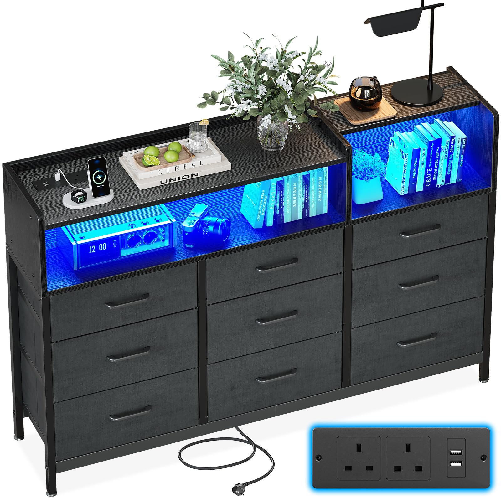 ODK Black Chest of Drawers Bedroom, Dresser Cabinet with 2 Sockets, 2 USB Ports and 10 Colored LED Strips, Chest Drawers