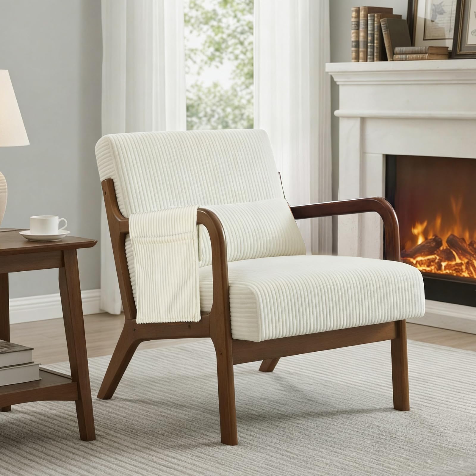 DUMOS Mid Century Modern Accent Chair, Upholstered Armchair with Lumbar Pillow and Solid Wood Frame, Comfy Reading Chair