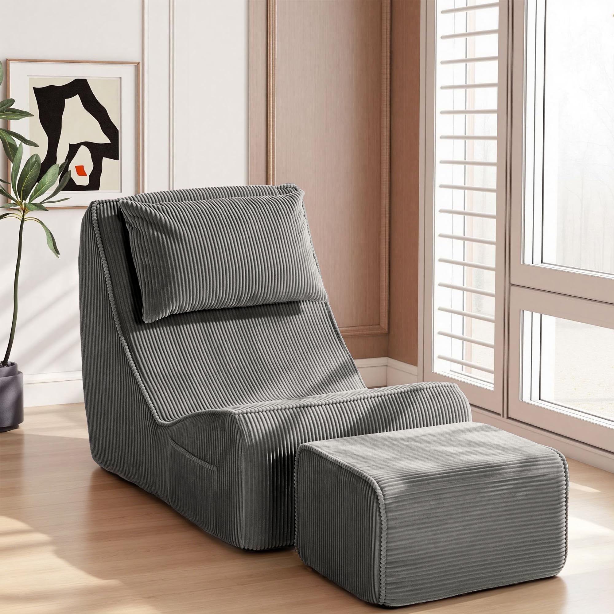 Trenda Chaise Longue Chair with Ottoman, Boneless Accent Recliner Chair with Washable Cover, Adjustable Neck Pillow, Com