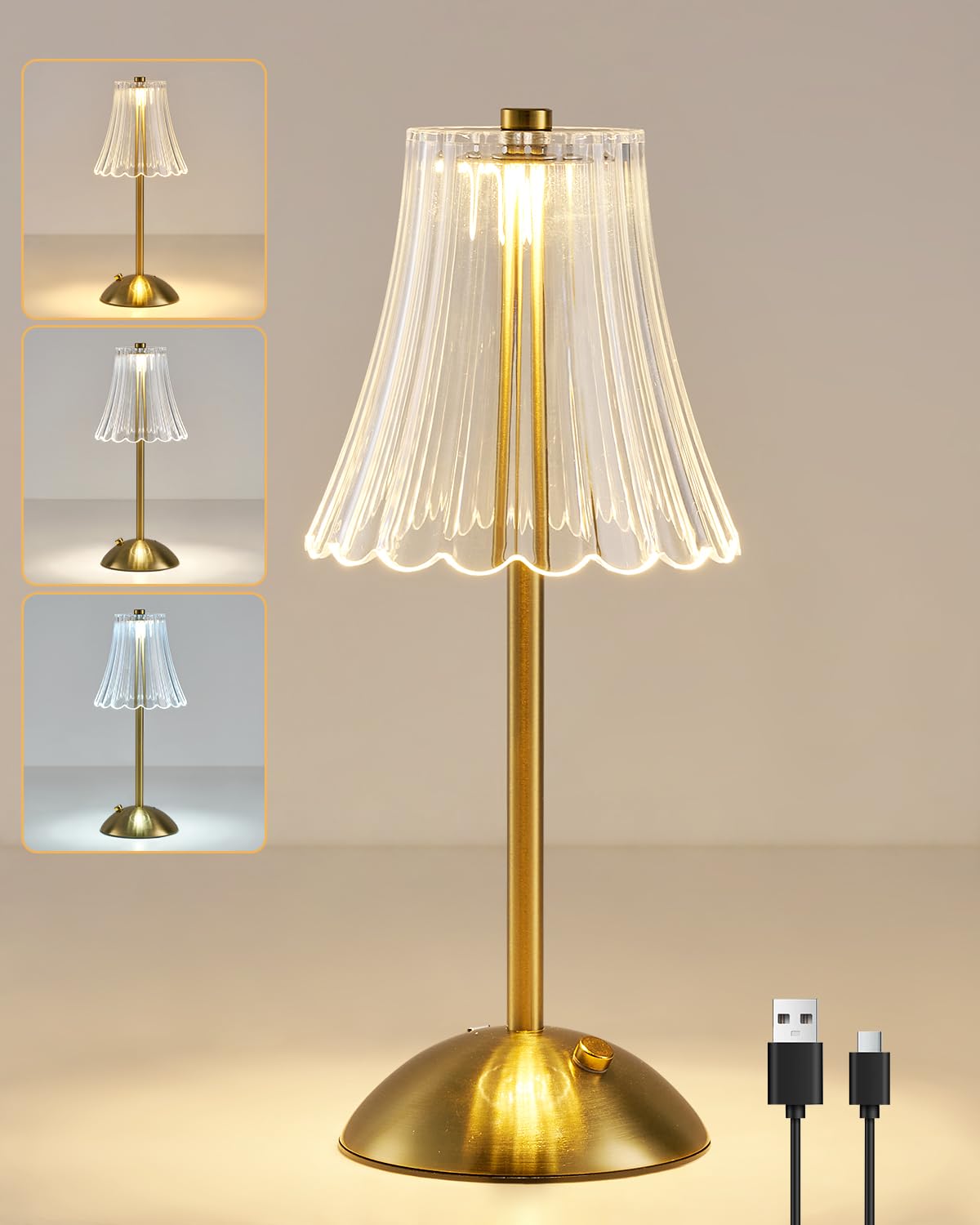 HARPER LIVING Rechargeable Table Lamp, LED Desk Lamp Battery Operated, 3 Colors and Dimmable, Bedside Reading Light Poli