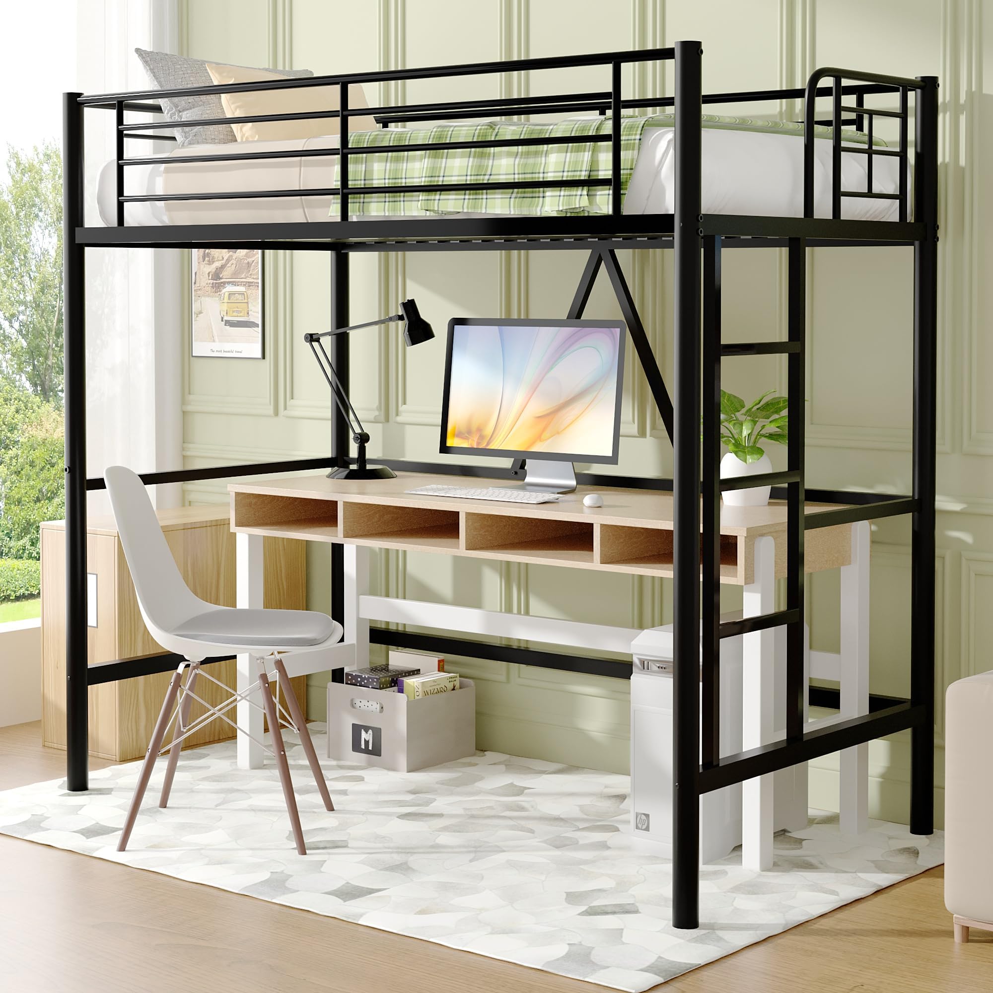 VECELO Metal Bunk Bed Single Size, High Sleeper Bedframe 90×190cm with Removable Ladder and Safety Guardrail, Space-Savi