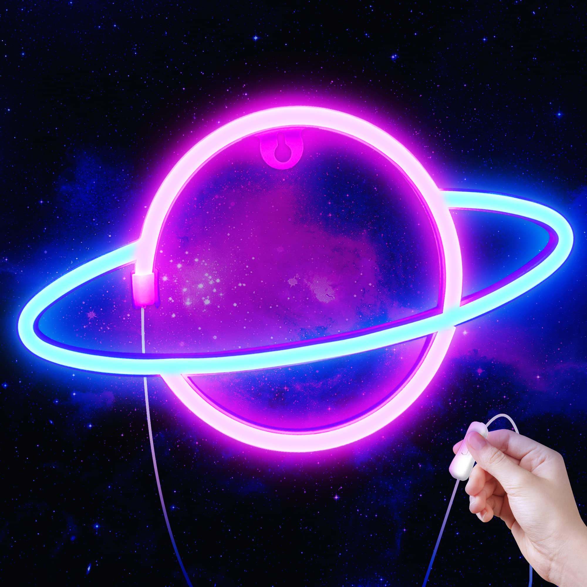 Lumoonosity Planet Neon Sign - USB Powered Saturn LED Light with On/Off Switch, Planet Led Sign for Wall Decor - Aesthet