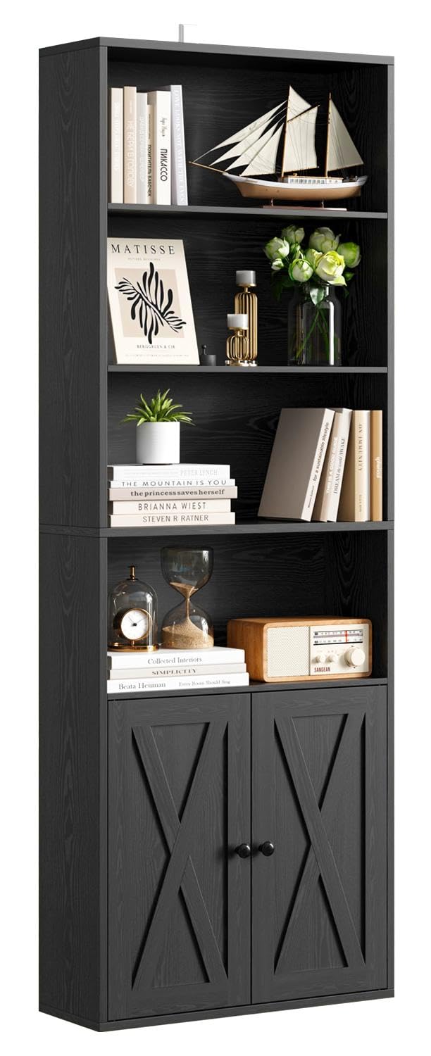 IRONCK Bookcase 6-Tier, Bookshelf with Doors, 180cm Tall Living Room Bookcases, Display Shelf Storage, Freestanding Book
