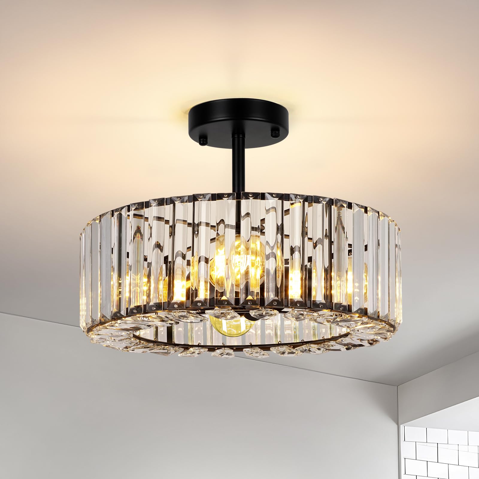 FRIDEKO HOME Modern Crystal Ceiling Lights Fixture 4-Lights, Round Black Chandeliers Ceiling Light w