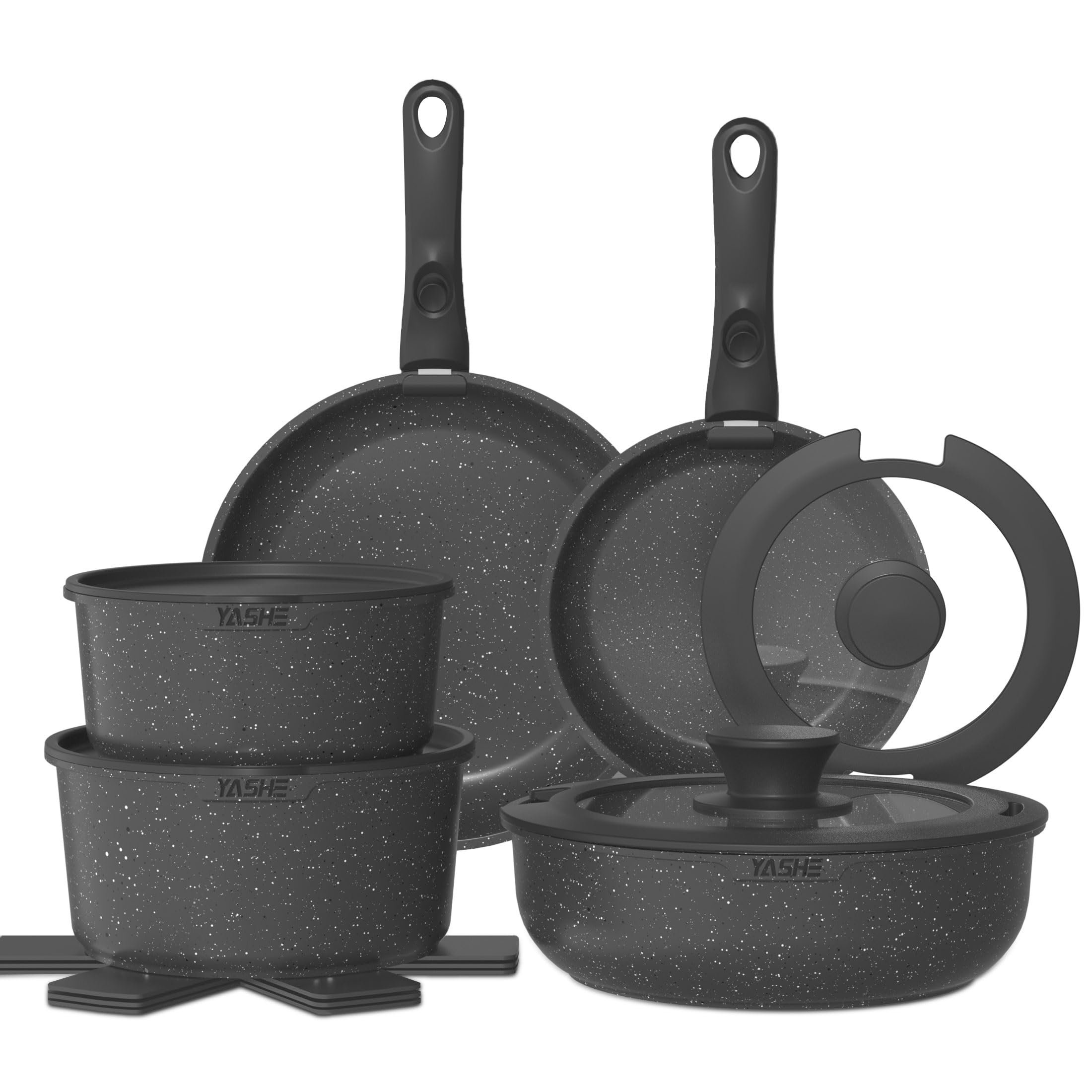 YASHE 15-Piece Non-Stick Pots and Pans Set, Granite Cookware with Removable Handles, Stackable, Easy to Clean, Induction
