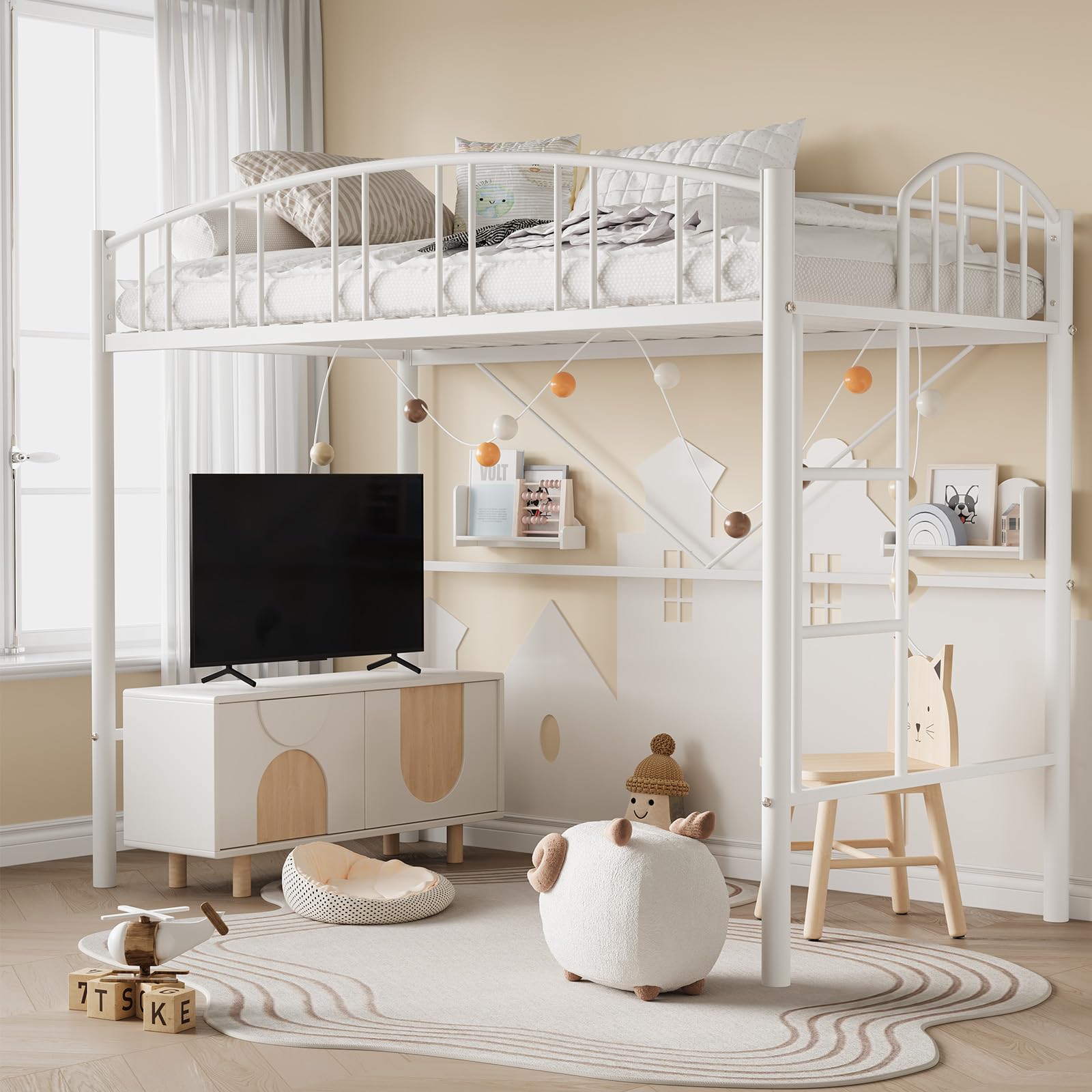 GarveeHome Loft Bed Twin Size, Heavy Duty Metal Loft Bed Frame with Arched Guardrail and Safety Ladd