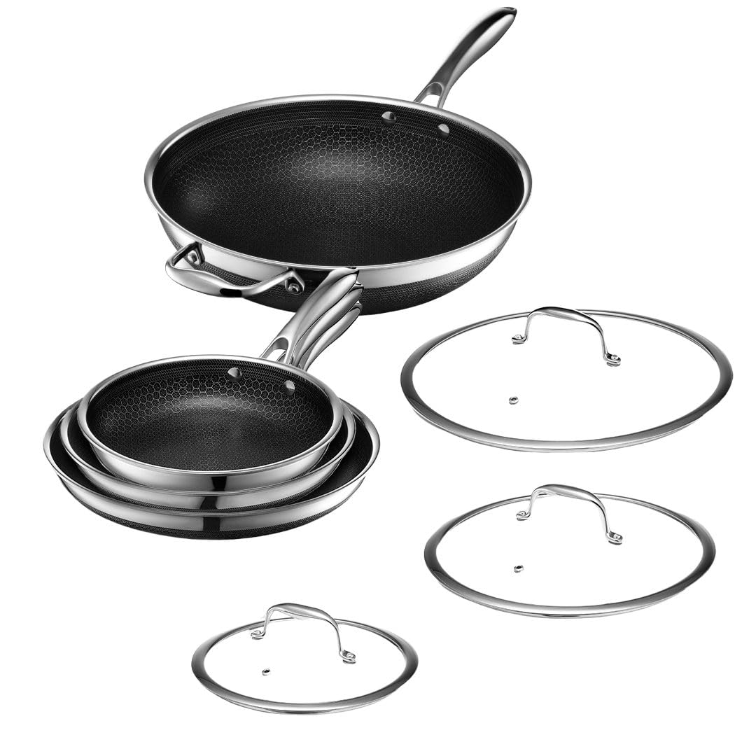HexClad Hybrid Nonstick 7-Piece Pan Set, 20, 25, and 30 cm Frying Pans with Tempered Glass Lids and 30 cm Wok, Stay-Cool