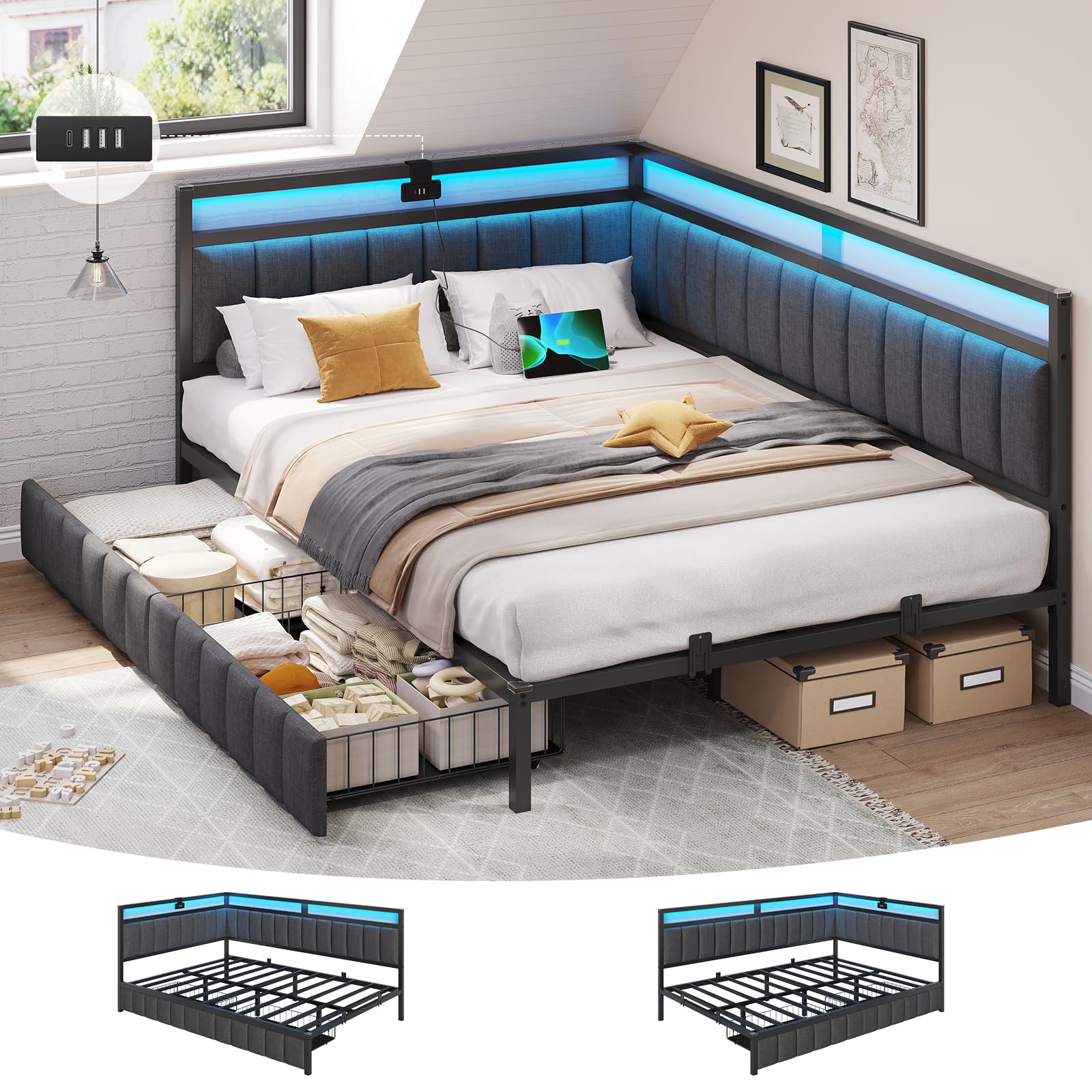 DICTAC Double Bed Frame with 2 Storage Drawers,Charging Station and Led Lights 4ft6 Double Daybed wi