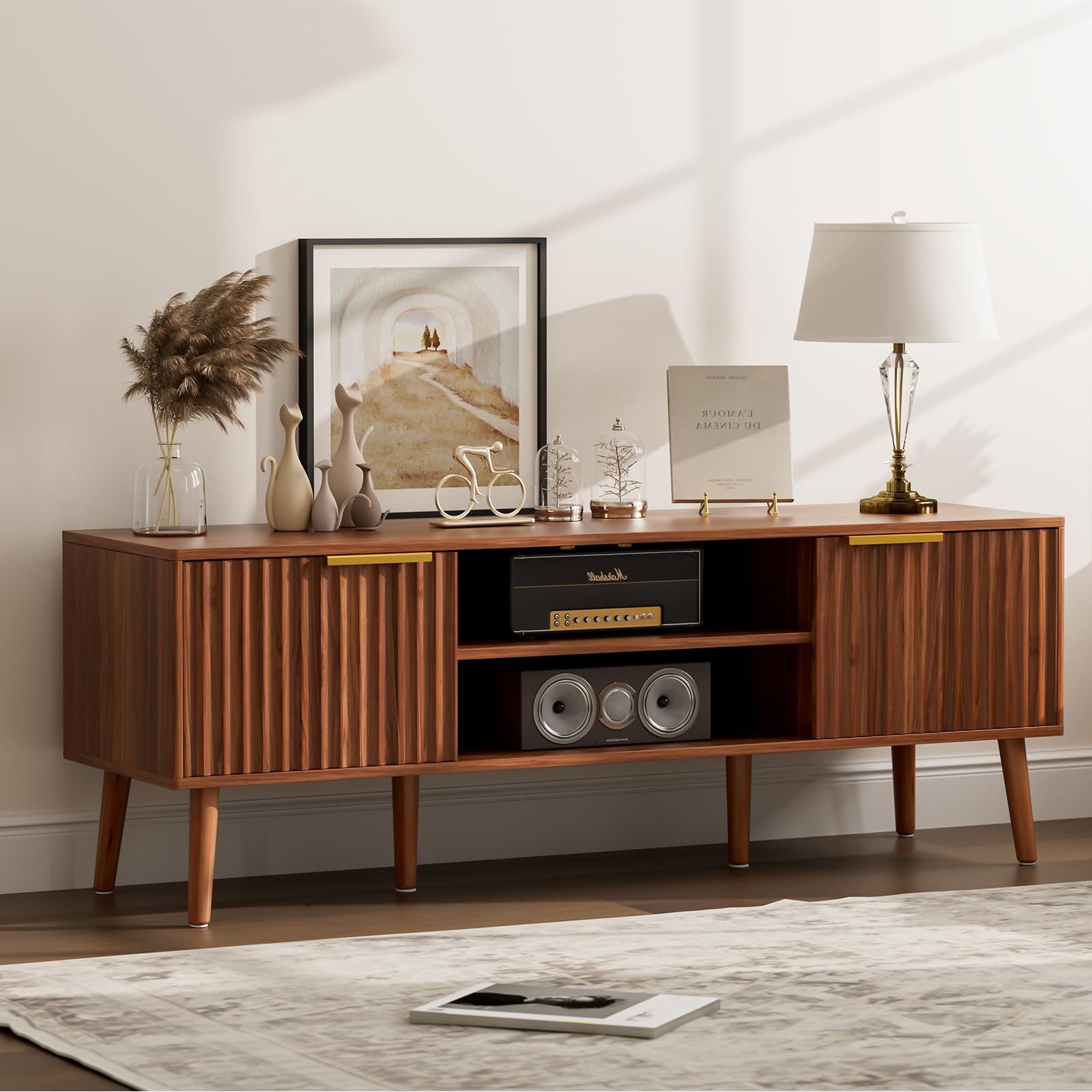 LCRBOL TV Stand for Living Room, Mid Century Modern Entertainment Center for 55/60 inch TVs, TV Console with Fluted Door