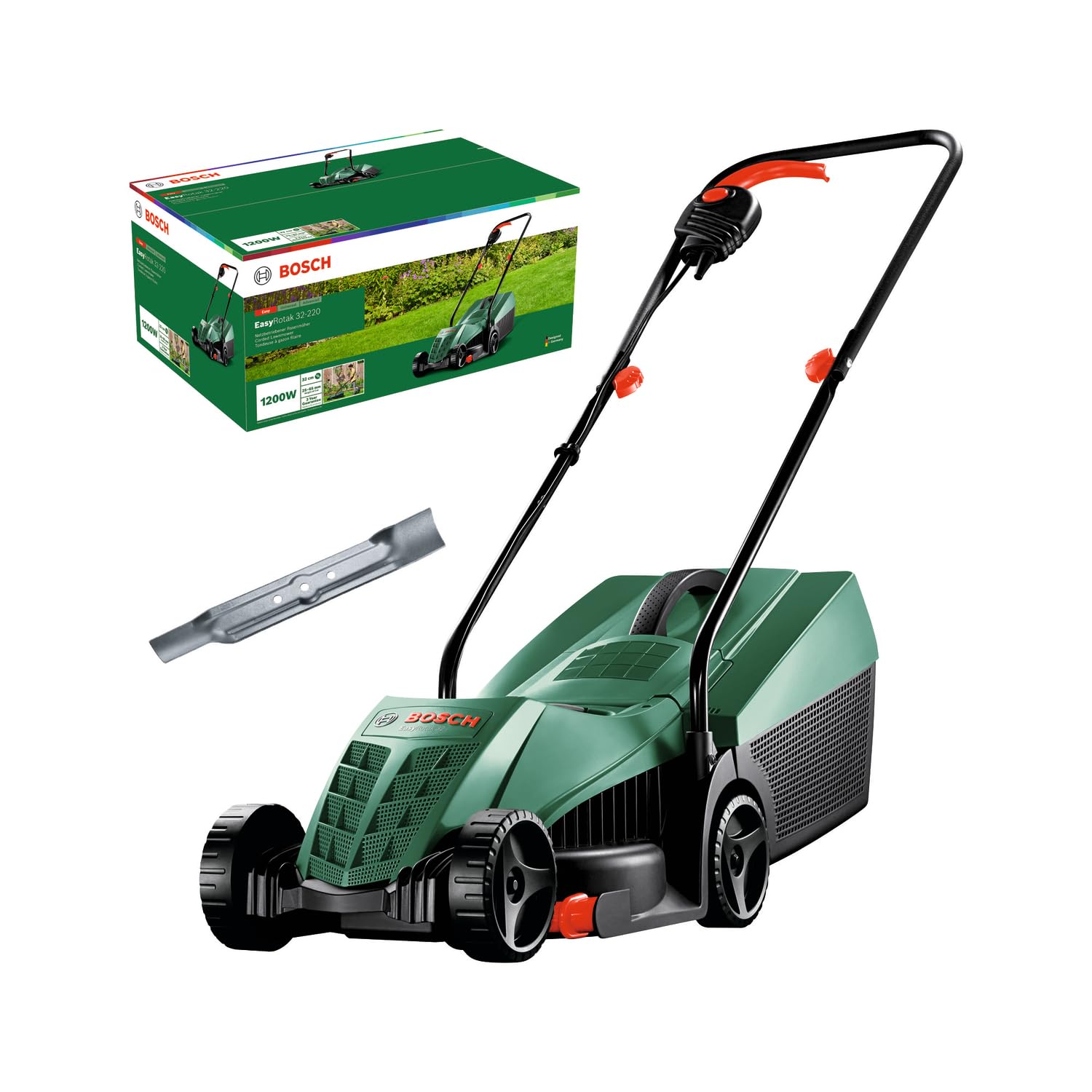 Bosch Corded Lawnmower EasyRotak 32-220 (1200 W Motor Power, Cutting Width: 32 cm, 31-Litre Grass Box, Extra 32cm Sharp 