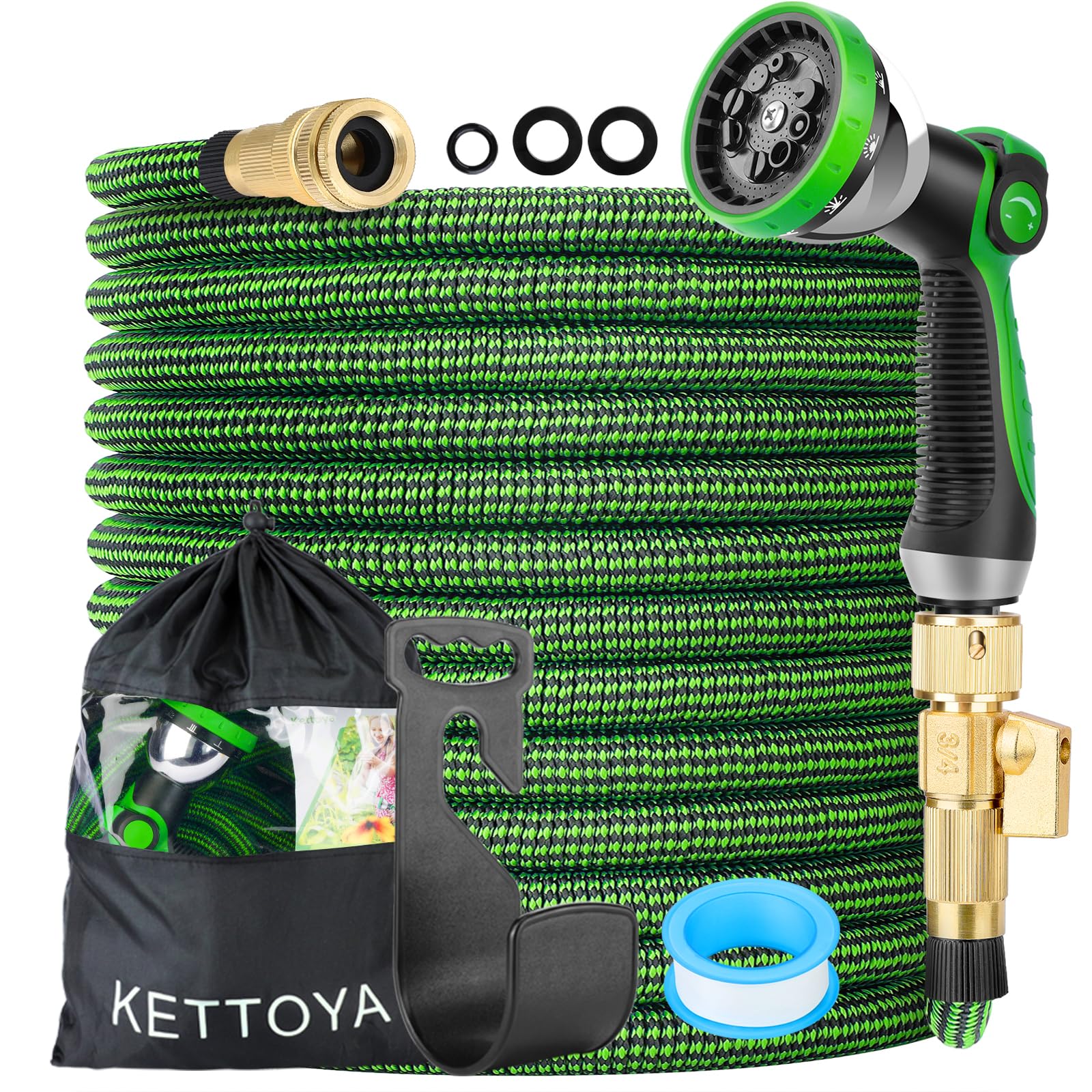 KETTOYA 100FT Expandable Garden Hose, Hose Pipe with 10-Pattern Spray Nozzle, 2-in-1 Valve Quick Con