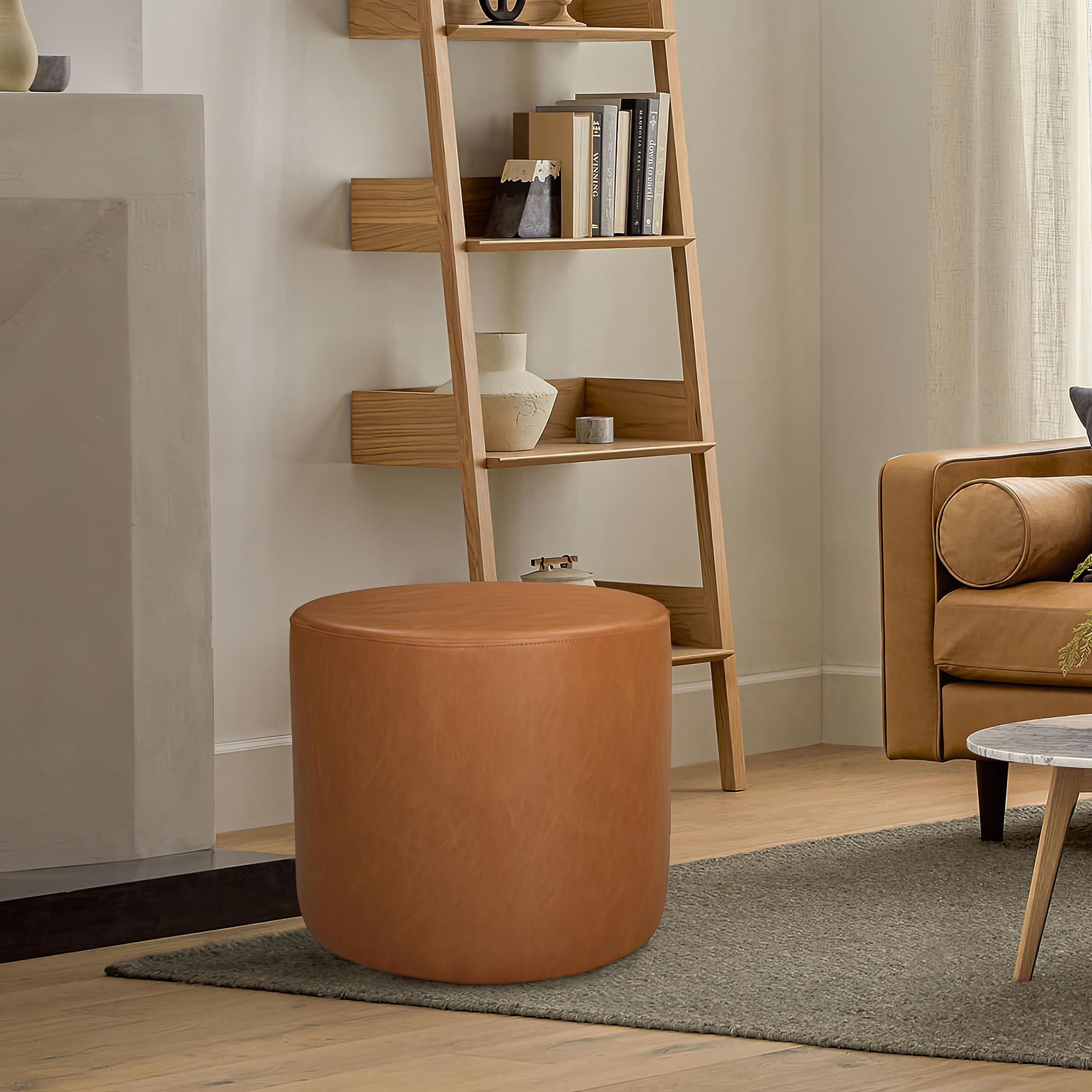 Lifestyle Solutions 19” Wentworth Ottoman Round Faux Leather Bench, Stationary Ottomans, Backless Chair, Footrest for Li