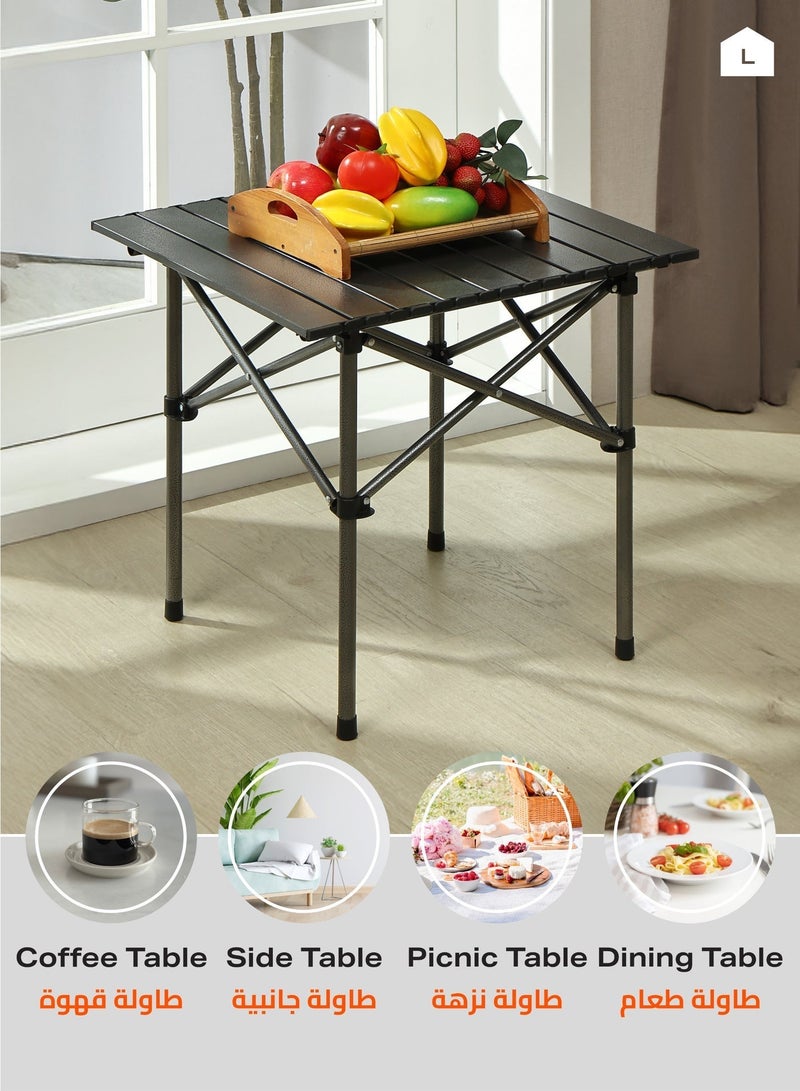 LAWAZIM Folding Picnic Table - Black, 50x50x50cm - Portable Roll-Up Side Table with Snap-Together Design, Carry Bag, Too
