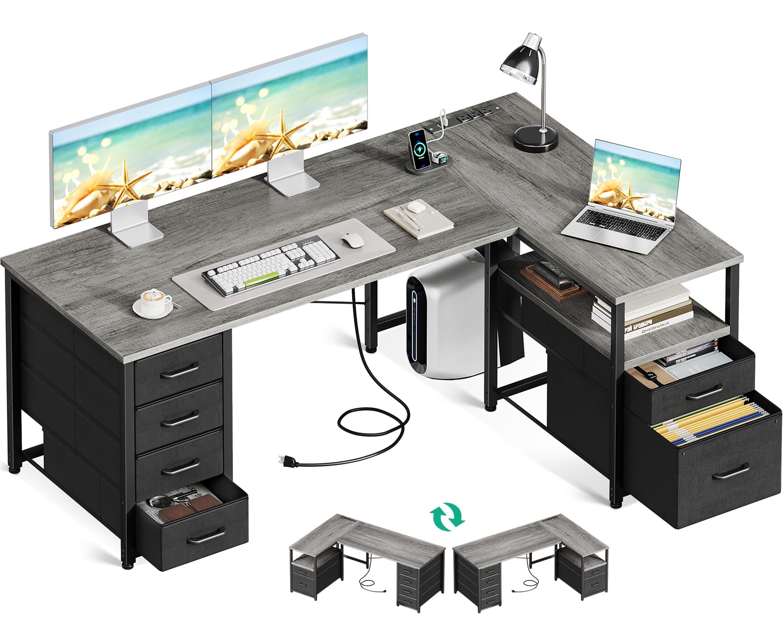 Coleshome L Shaped Computer Desk with 6 Drawers & Power Outlet, 55 Inch Corner Desk with Reversible 