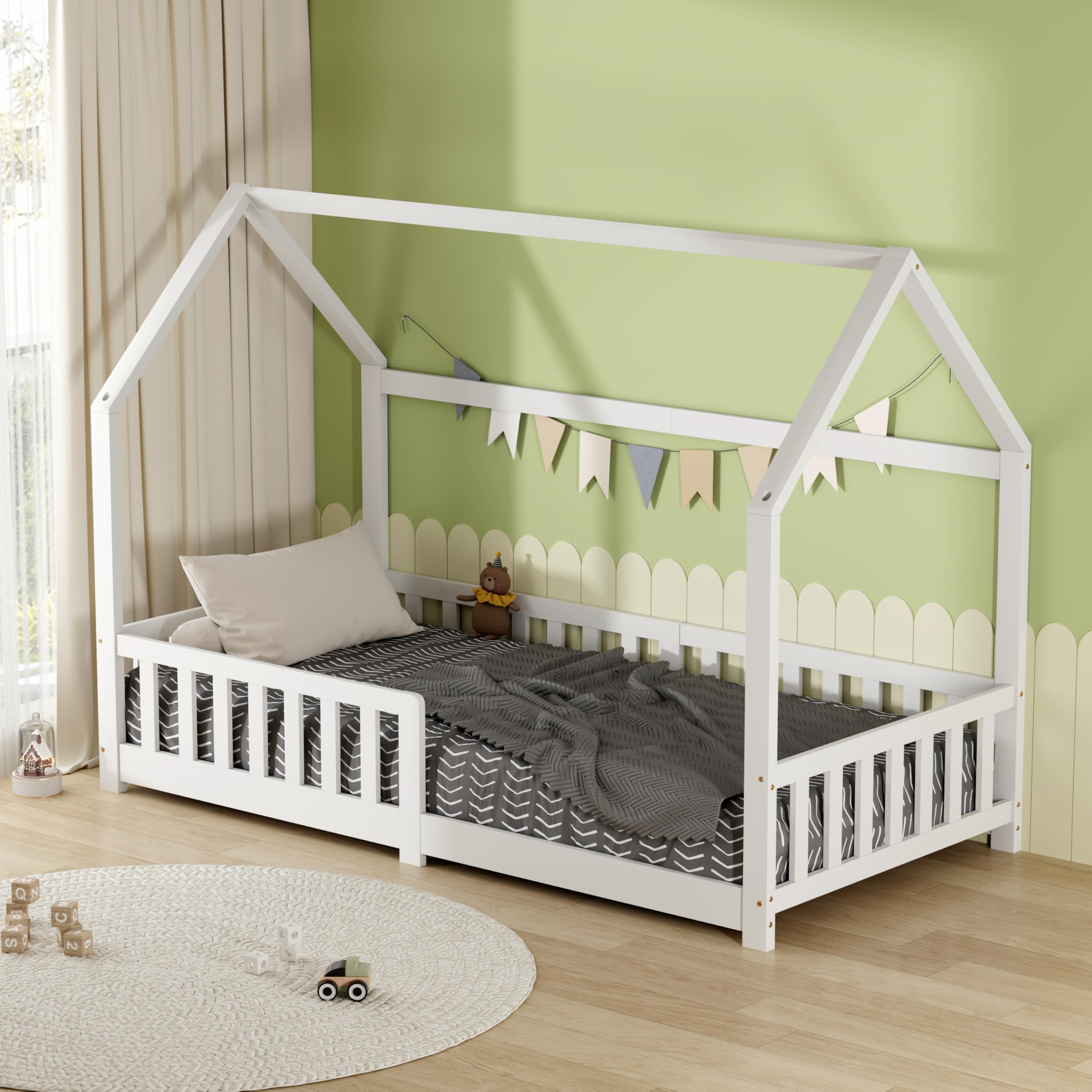 AVC Designs Junior Wooden House Bed Toddler Solid Pine Wood Modern Children Kids Junior Bed Frame Wh