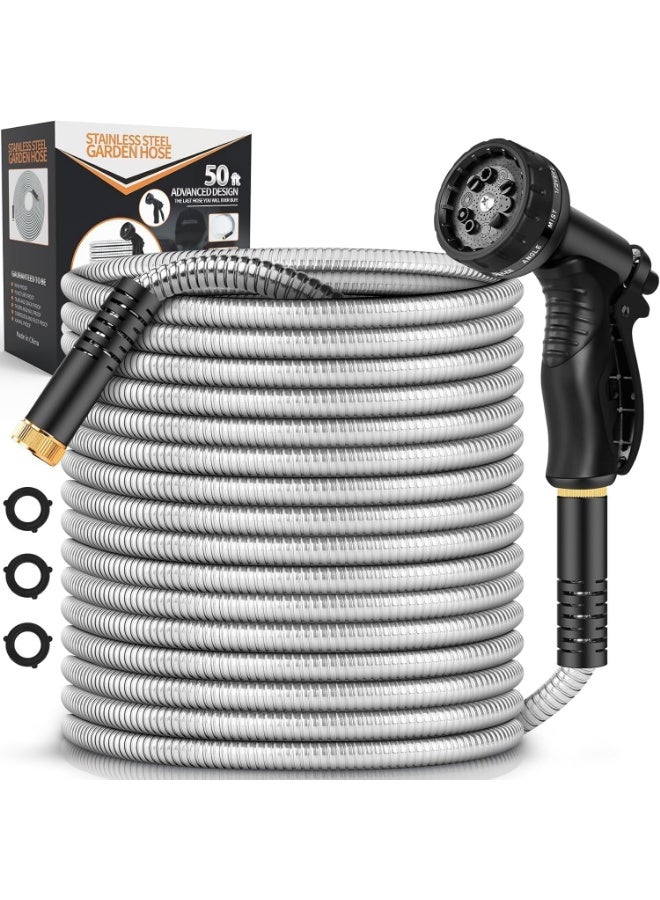 Arabest Garden Hose Metal, 304 Stainless Steel Heavy Duty Water Hose With 10 Function Nozzle, No-Kink, Tough & Flexible,