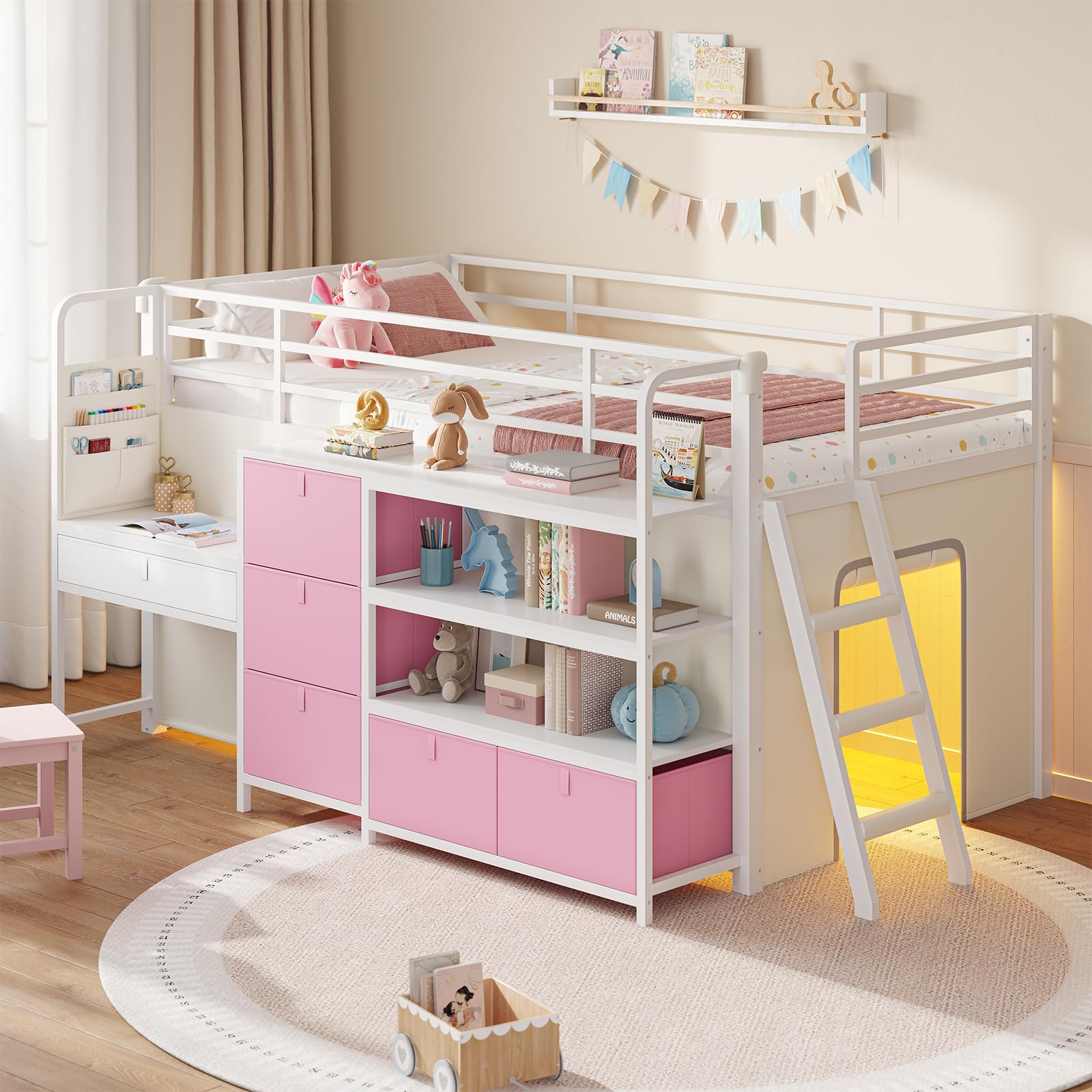 DICTAC Low Loft Bed with Desk and 6 Storage Drawers Twin Loft Bed with Bookshelf,LED Lights & Under-Bed Play Space,Kids