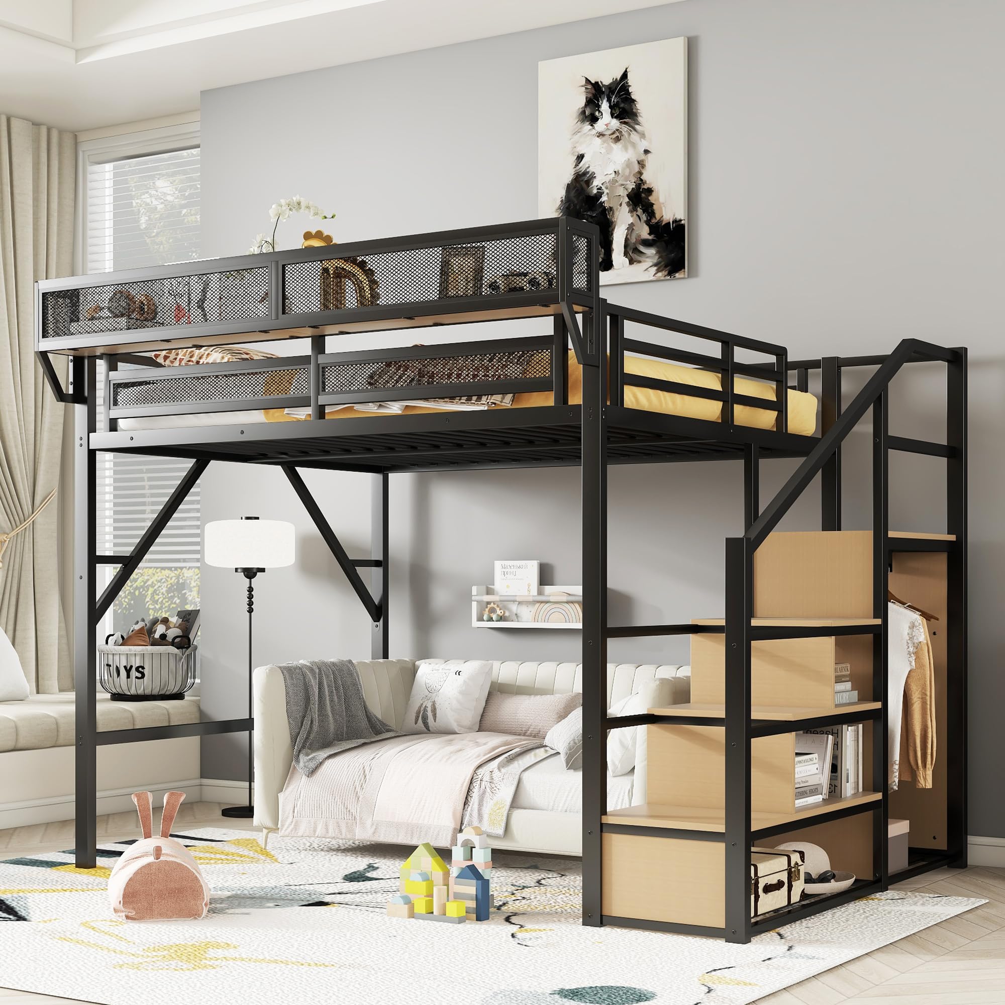 KEIKI Queen Size Metal Loft Bed Frame with Convertible Staircase, Built-in Storage Shelves & Wardrob