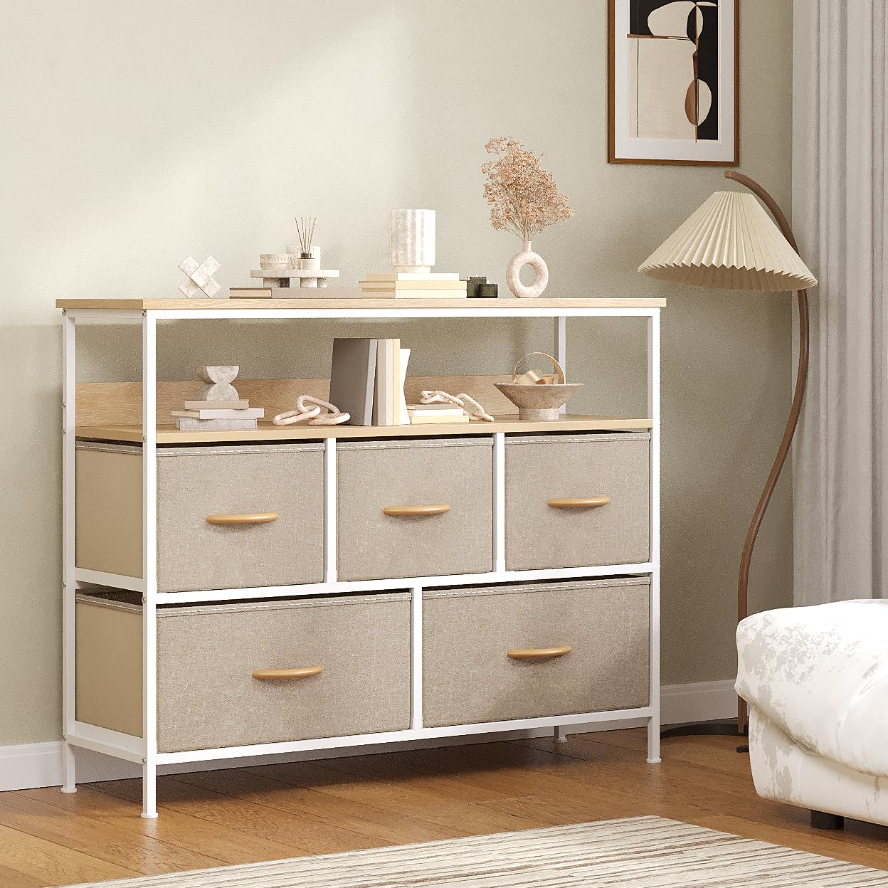 Feonase Chest of Drawers, 5 Drawers Dresser with TV Stand, Metal Frame and MDF Top Board, Adjustable
