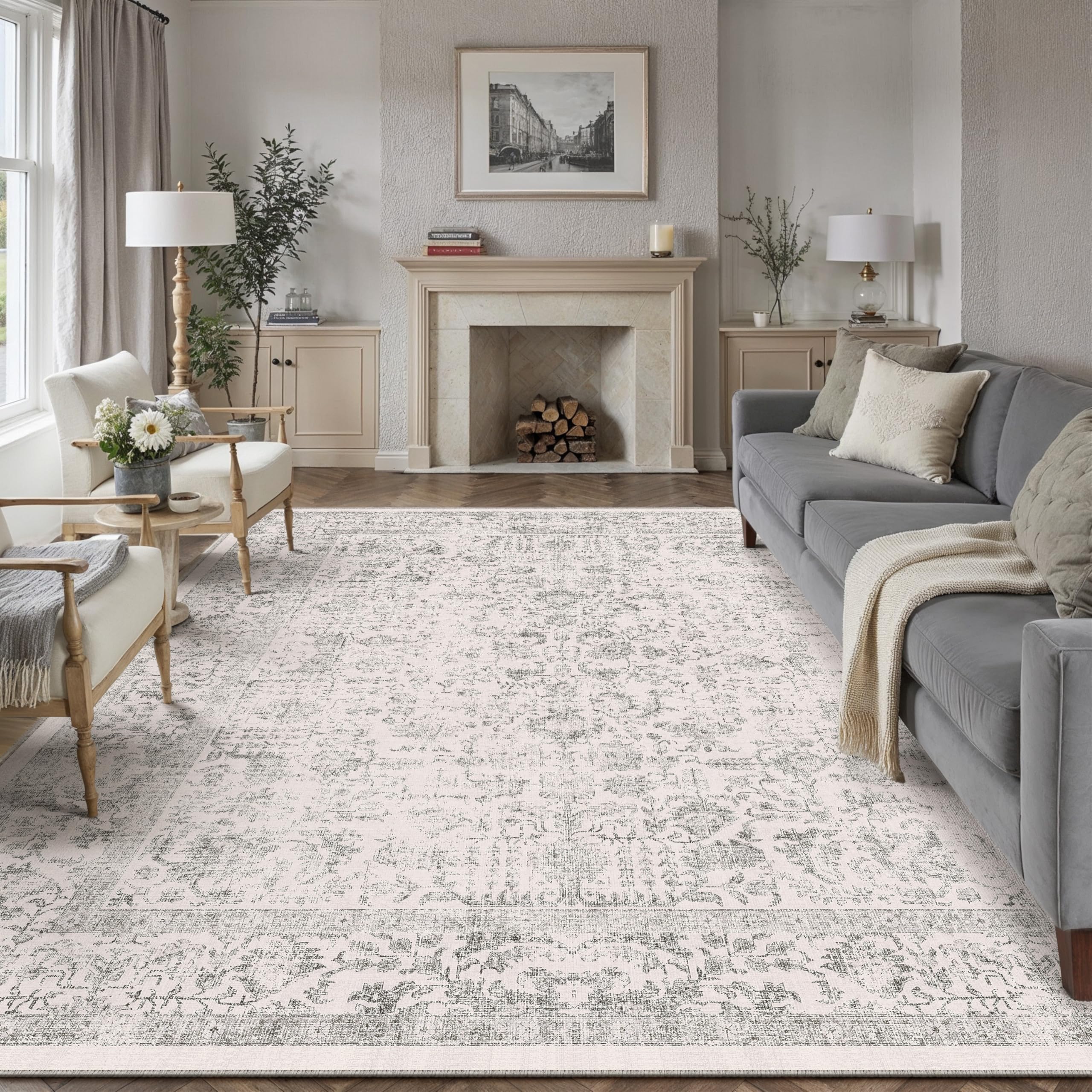 HUGEAR Vintage Grey Rugs Living Room Washable Non Slip Large Area Rug 240x300cm Bedroom Kitchen Hall