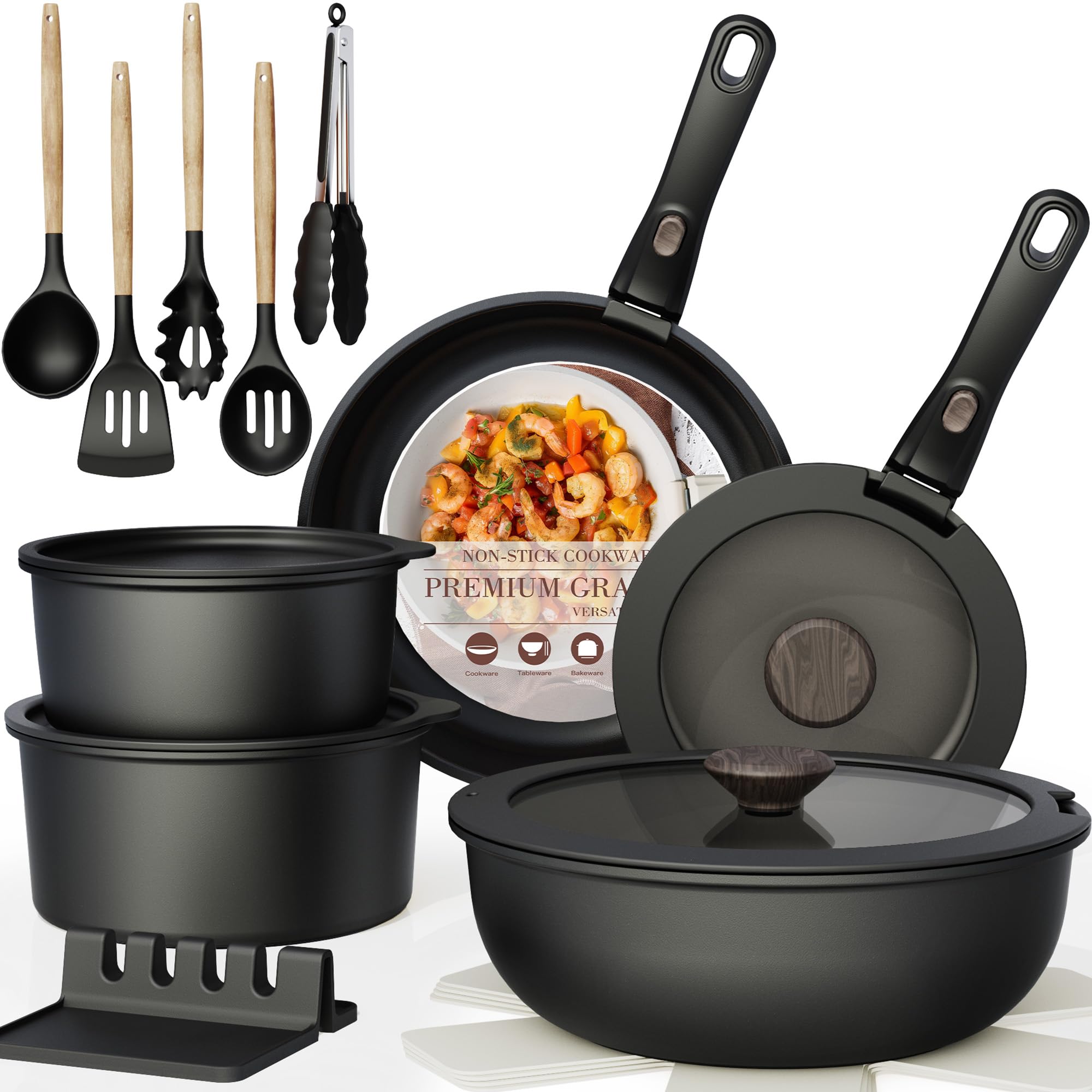 Astercook 21 Pcs Pots and Pans Set Non Stick, Ceramic Cookware Set Detachable Handle, RV Kitchen Coo